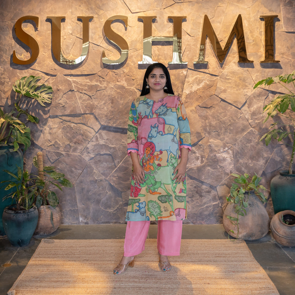 Nandi and Krishna concept Pen Kalamkari Silk Coordset