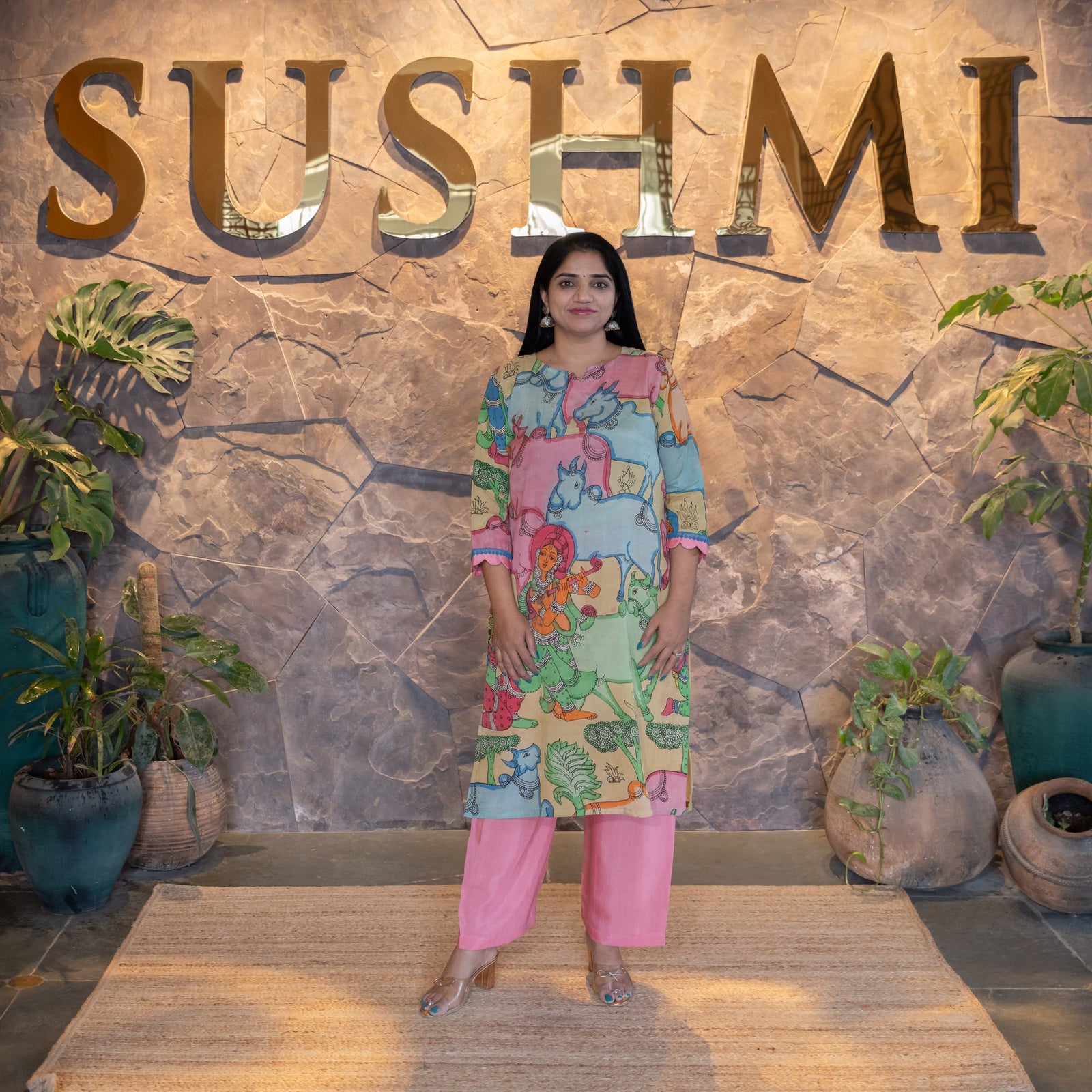 Nandi and Krishna concept Pen Kalamkari Silk Coordset