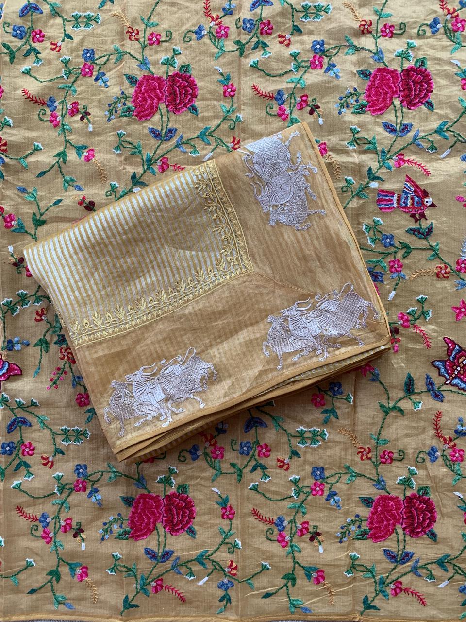 Mustard Tissue Stripes Saree with Nandi Border & Tissue Petite Point Blouse