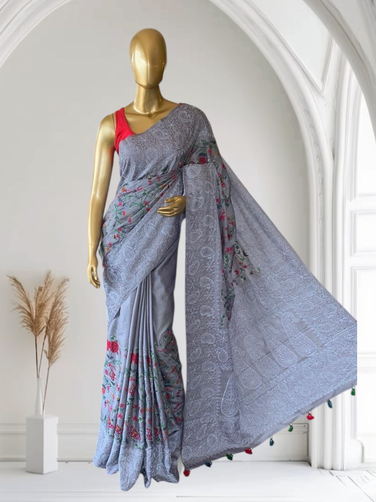 Tussar Saree With Petite Point Embroidered body & Hand lucknowi border & Pallu