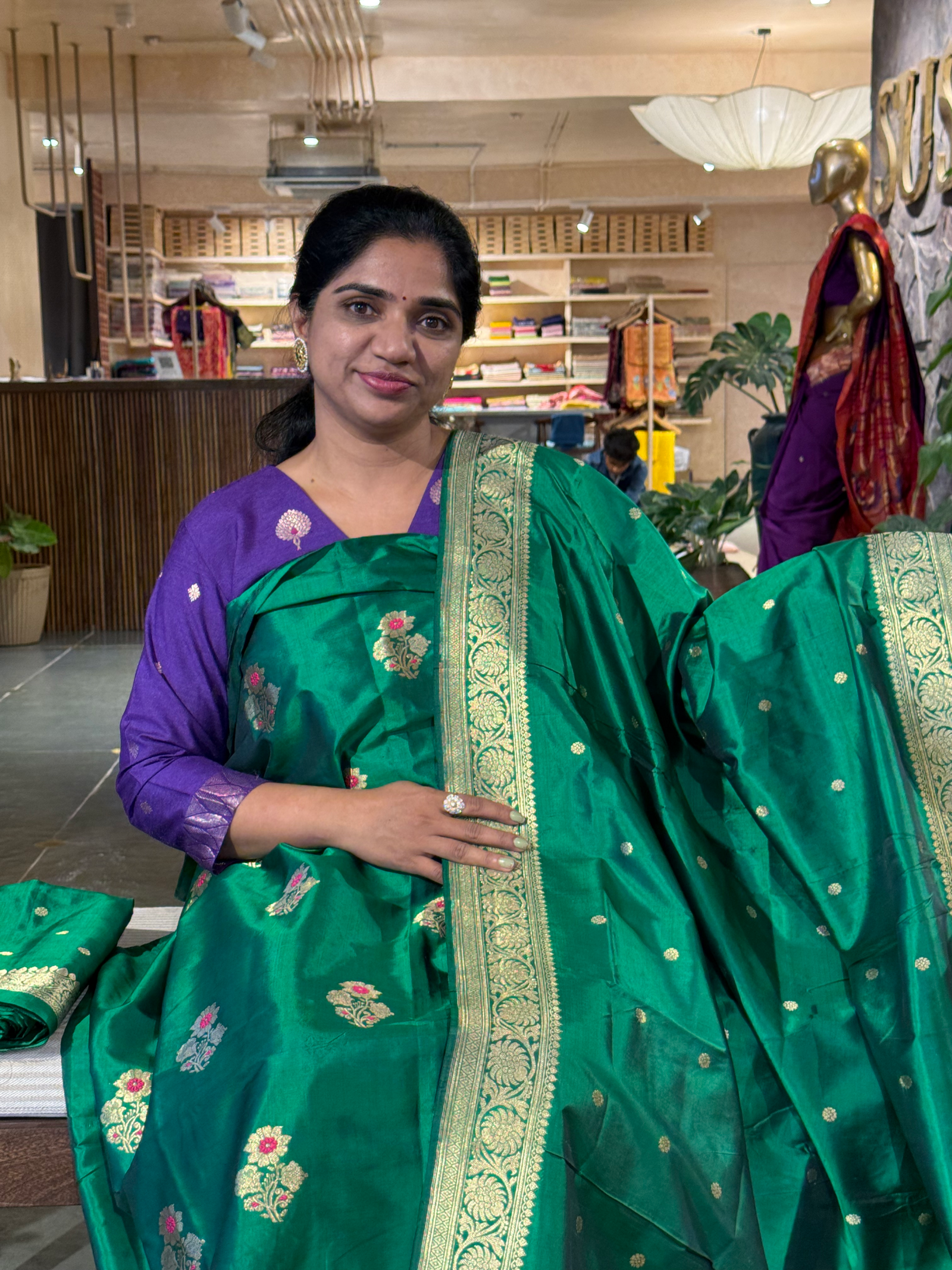 Emerald Green Katan Silk  3 pc Suit Set with meenakari kaduwa weaving