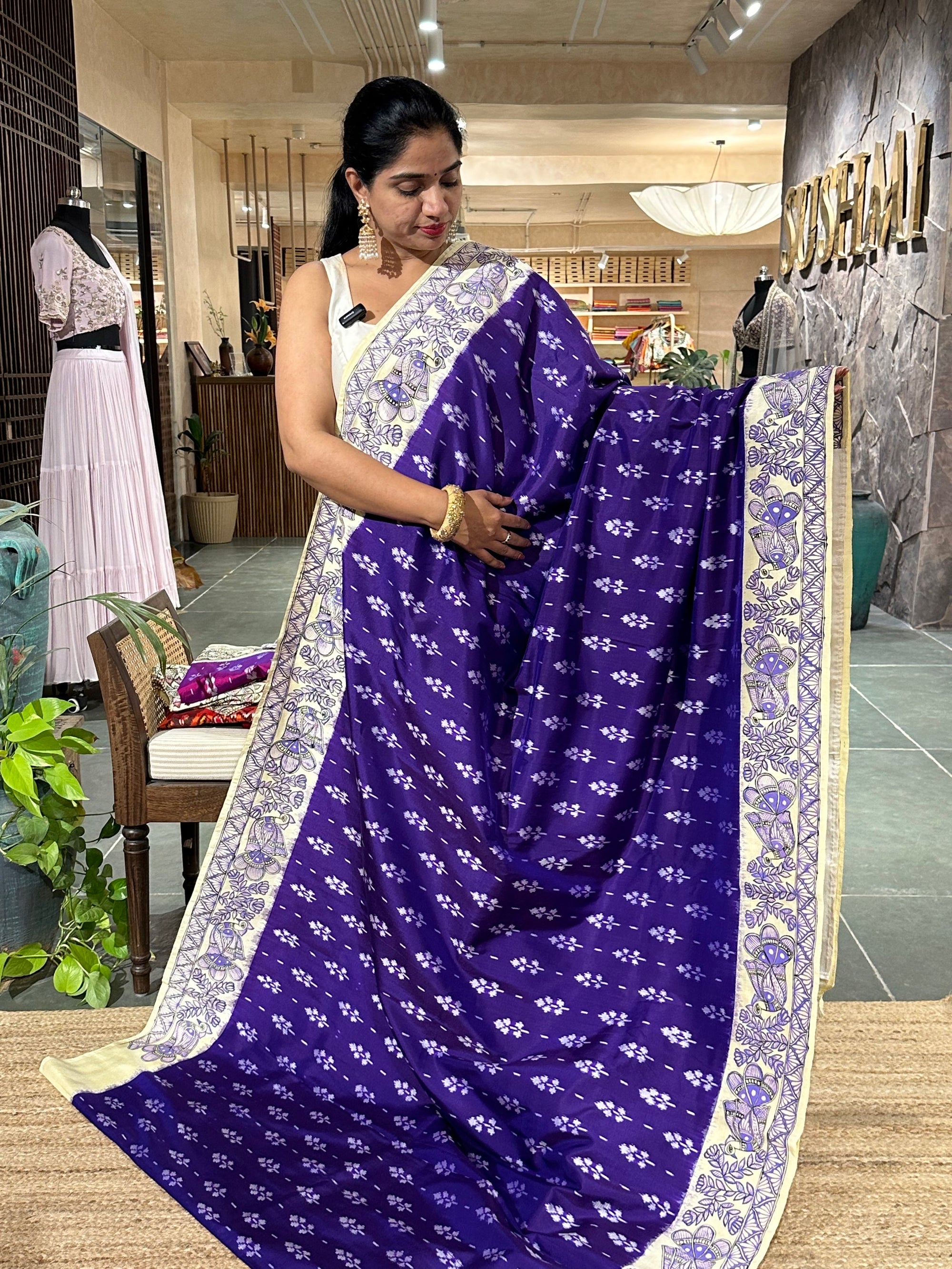 VioltPatola with Madhubhani handpainted border pallu and Blouse fed