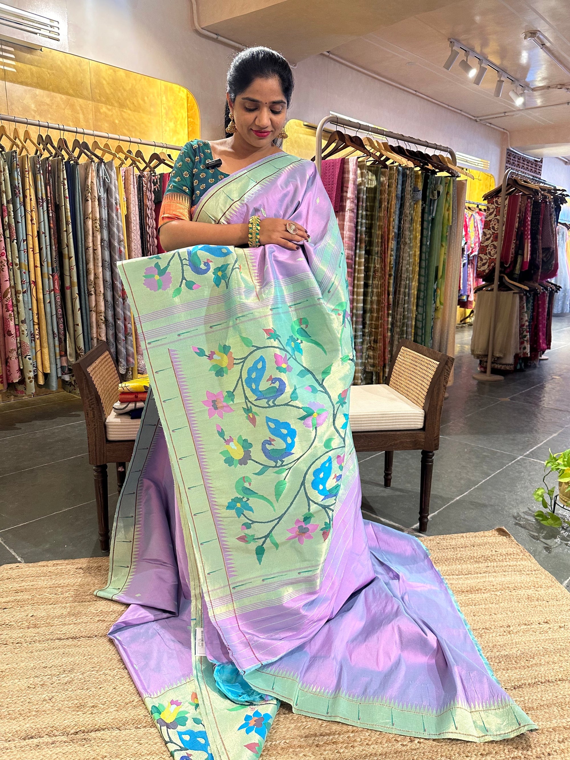 Lilac and Seablue Combo Half allover Pure Handloom Paithani Saree