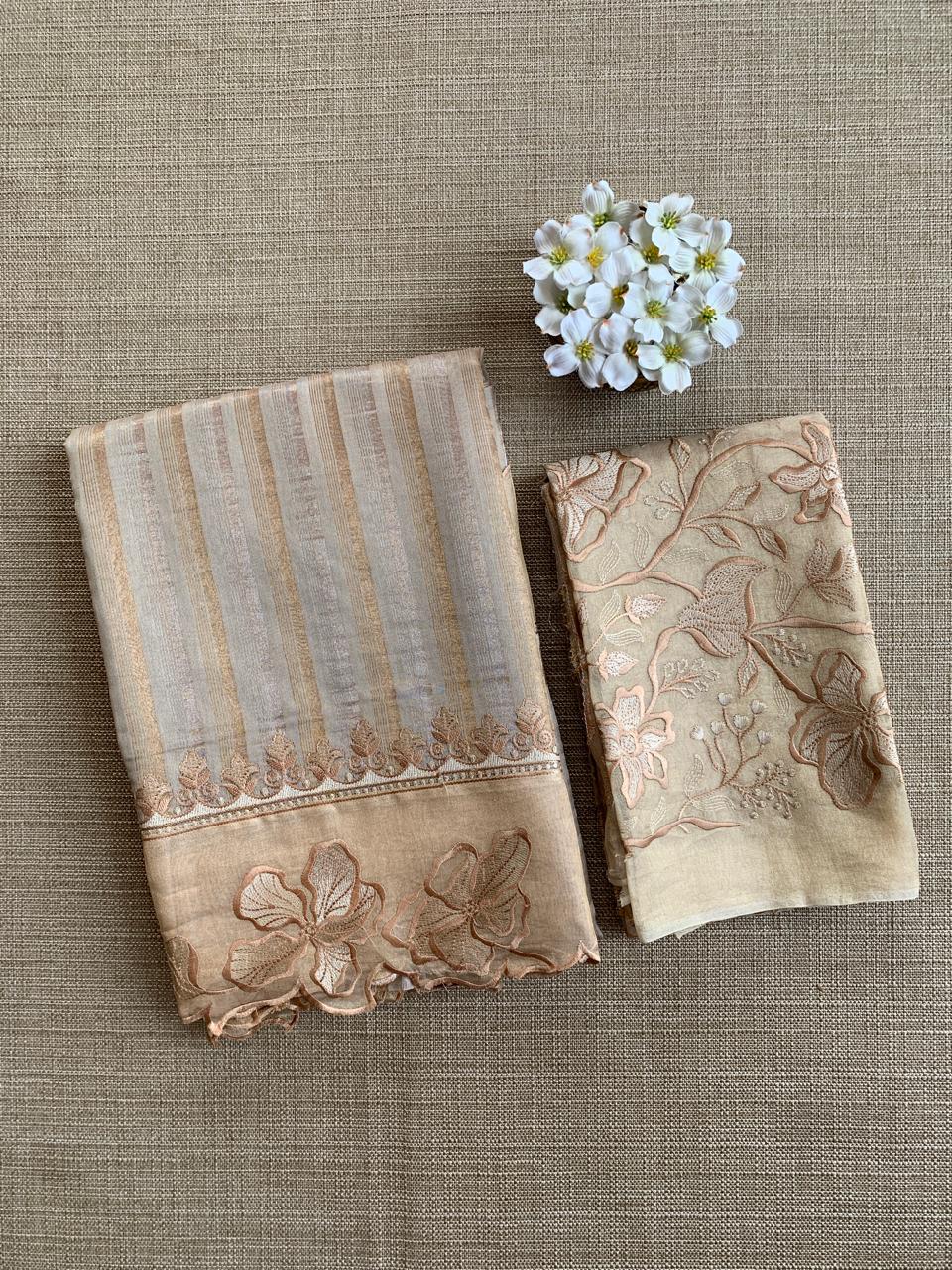 Earthy tone Mul Tissue Stripes Saree With Tissue Cutwork  Border & Blouse