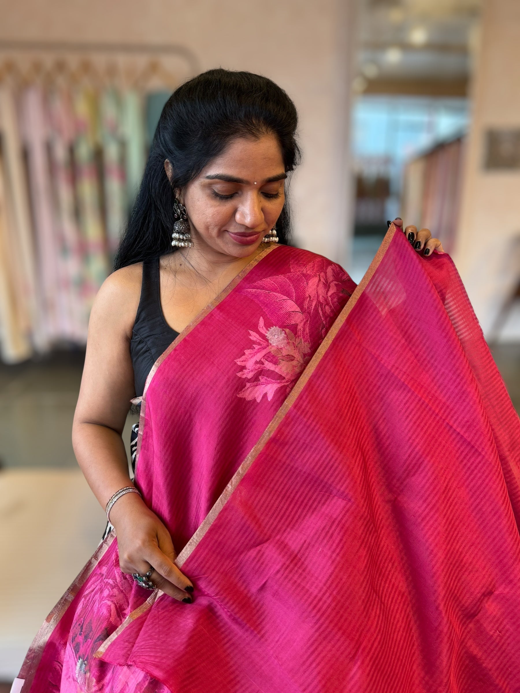 Ruby Pink Kanchi Soft Silk Saree With Statement 3D Rose Print allover