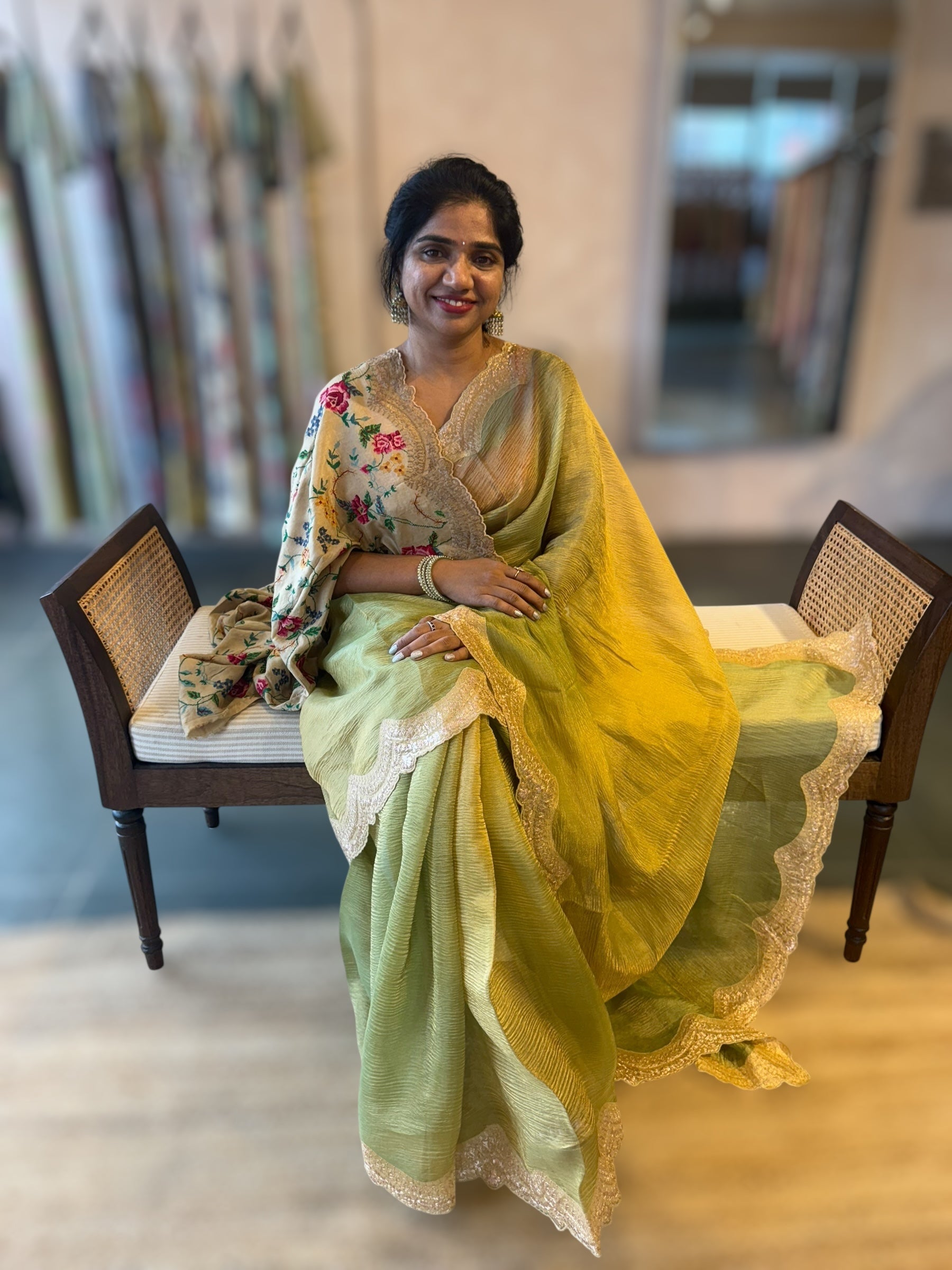 Ombre Dyed Crush Tissue Saree With Pitawork Border & Petite Point Embroidered BP