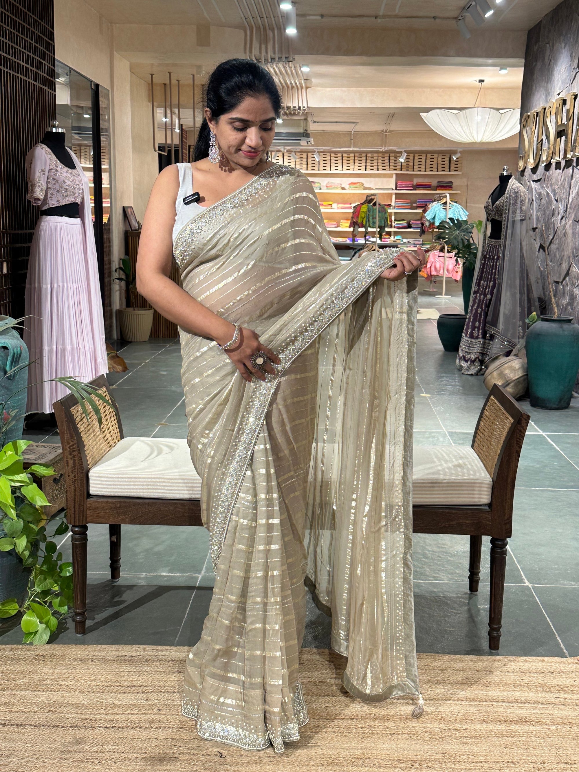 Earthy Tone Chiffon Handwork Saree with stitched happy iblouse