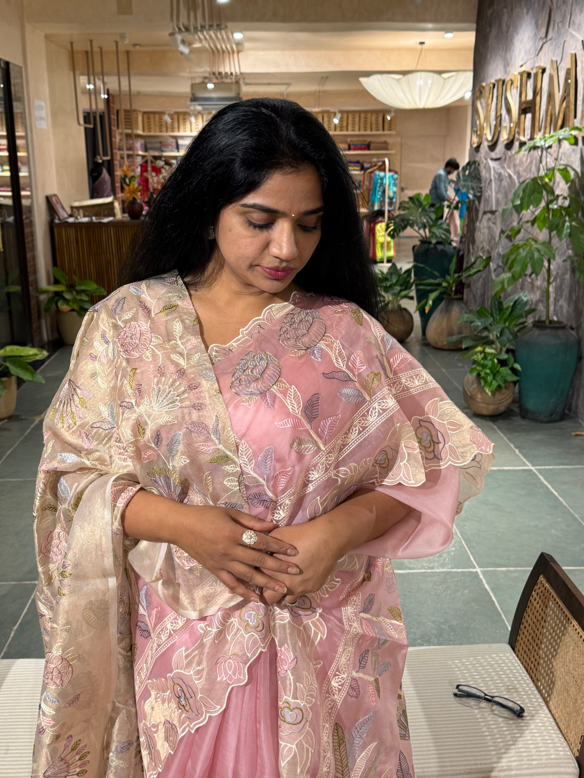 Blush Pink Pure Organza Saree with embroidered and cutwork borders