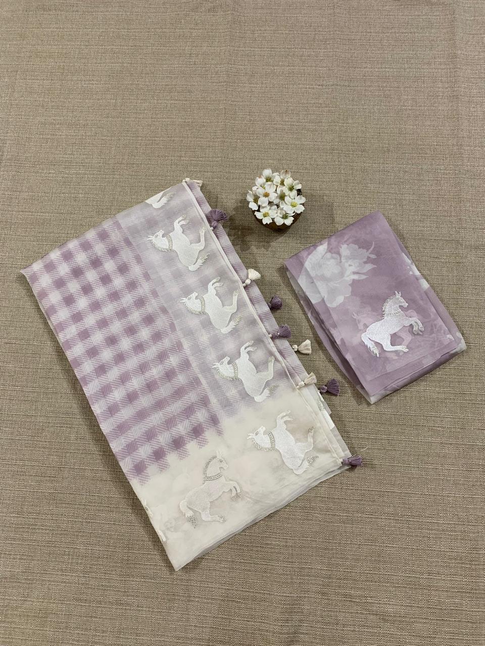 SOCH1301 : White & Lilac Organza Saree Wth Embroidered Horse Border & Floral BP