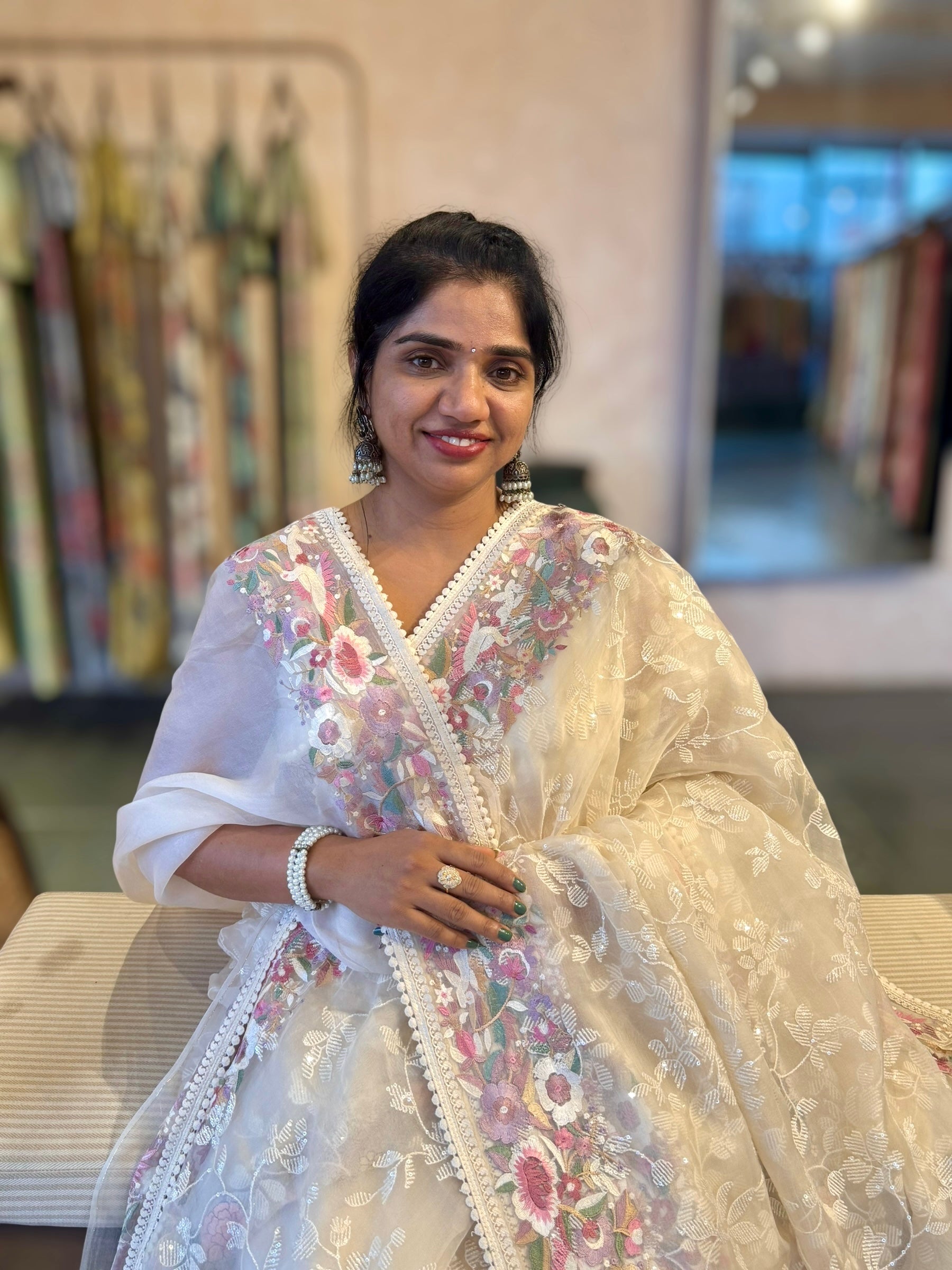 Ivory Organza Saree with Allover Floral Sequence Work & Parsi Embroidered Border