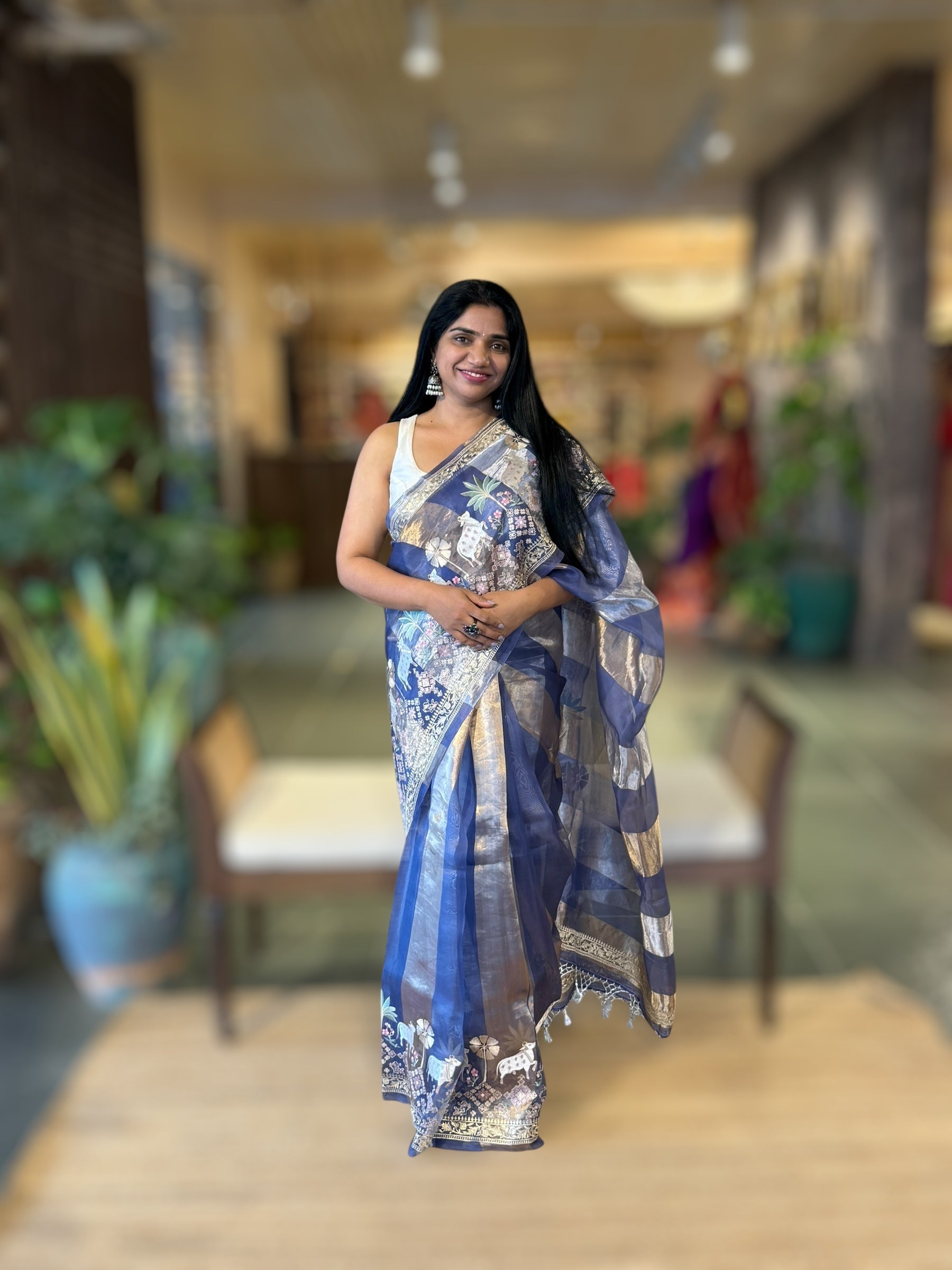 Blue Kora Tissue Stripes Saree With Jamdani  & Pichwai embroidered Border