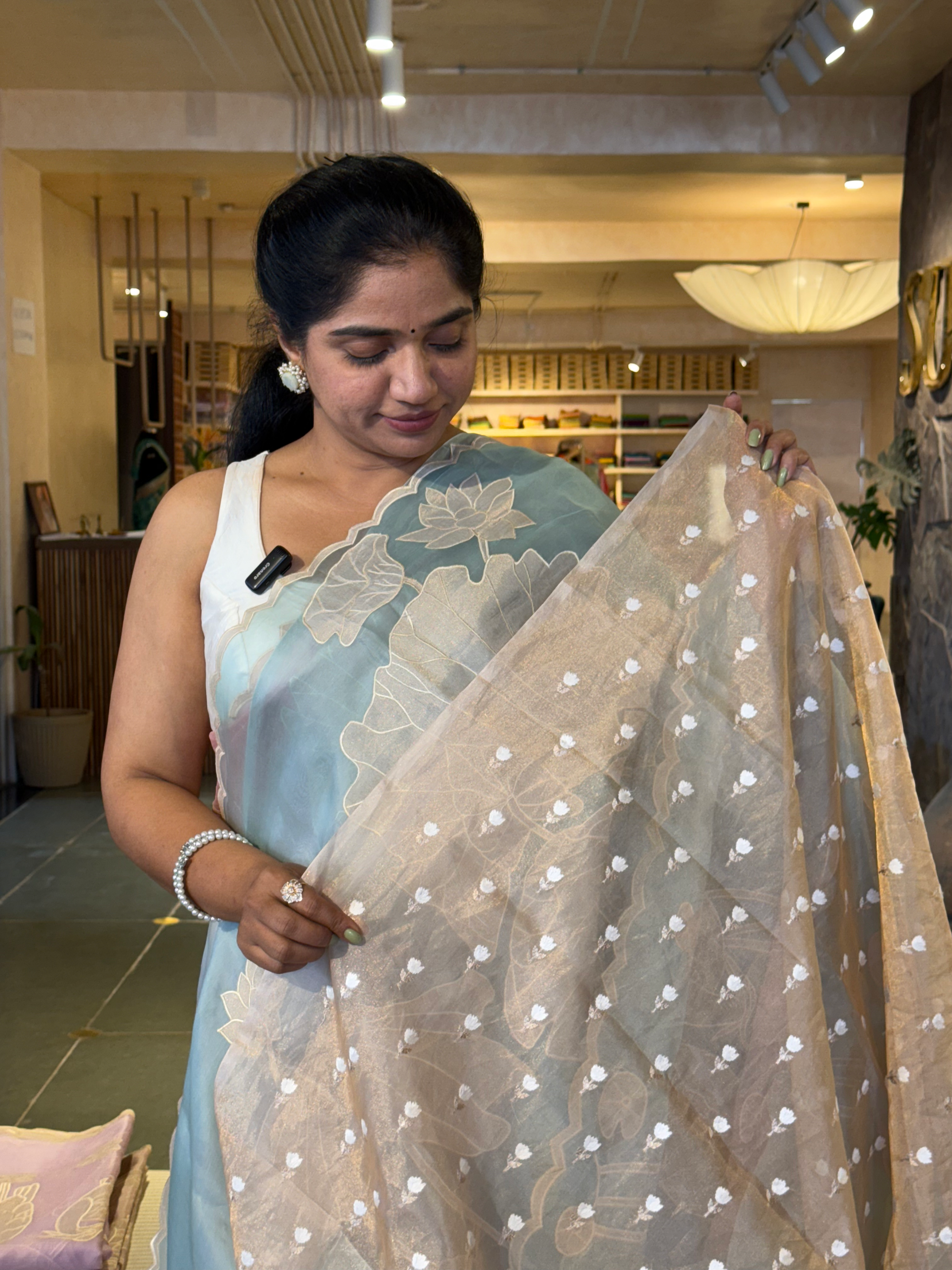 Sky Blue Pure Organza Designer Saree with Allover Tissue Applique Embroidery