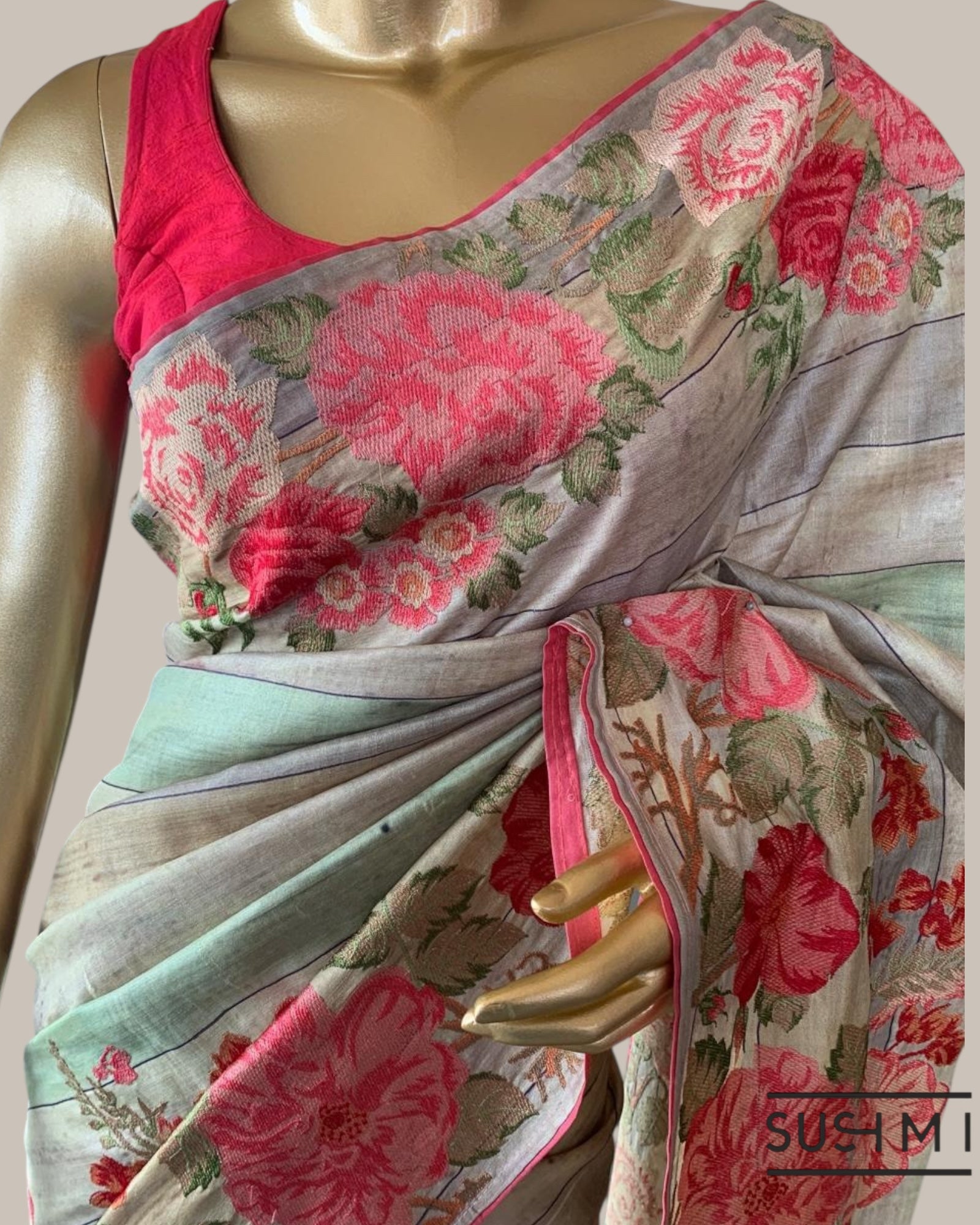 Designer Tussar Saree with Heavy Petite Point Embroidered Border