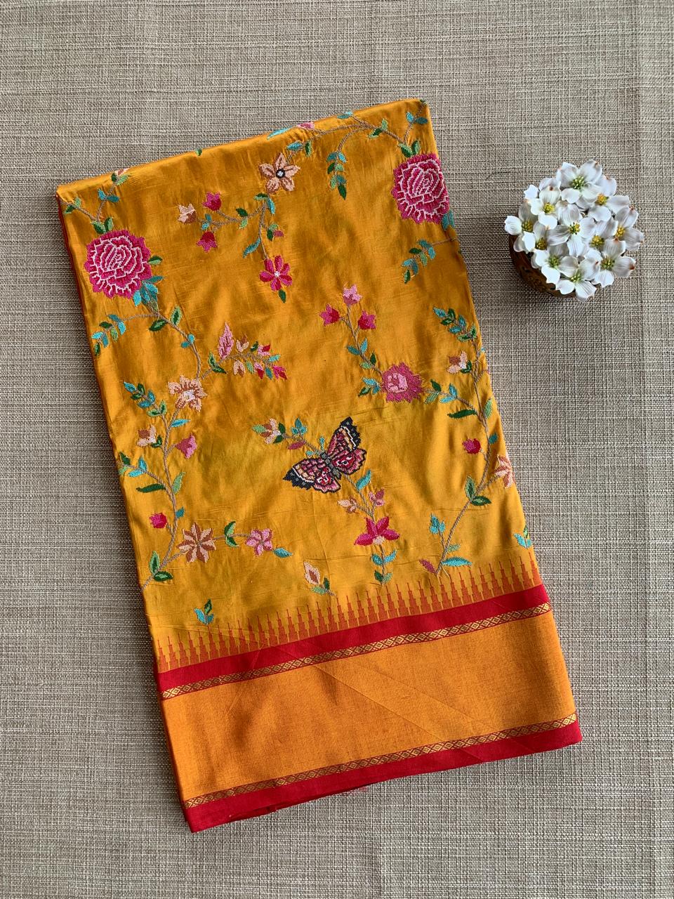 Kanchi Gap Border Saree With Allover Petite Point Embroidery