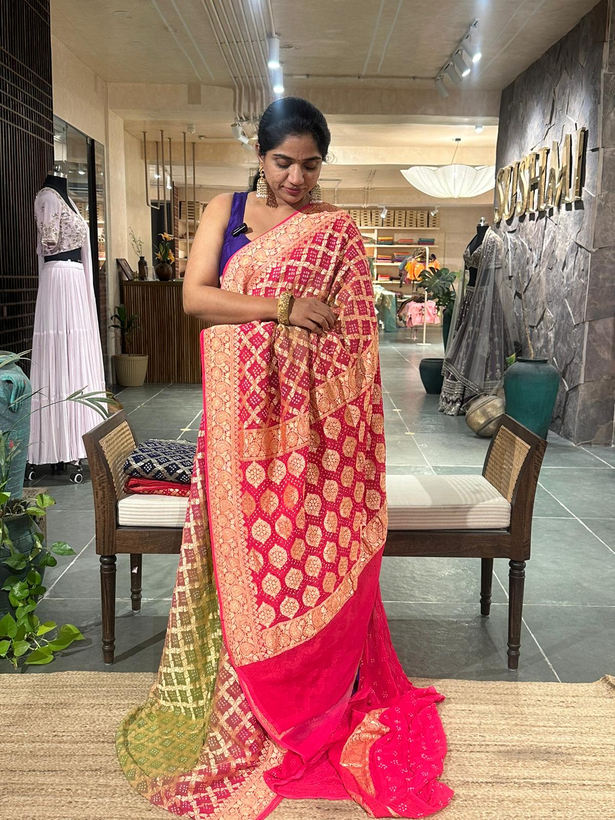 Pista and pink banarsi khaddi georgette handmade bandhej work