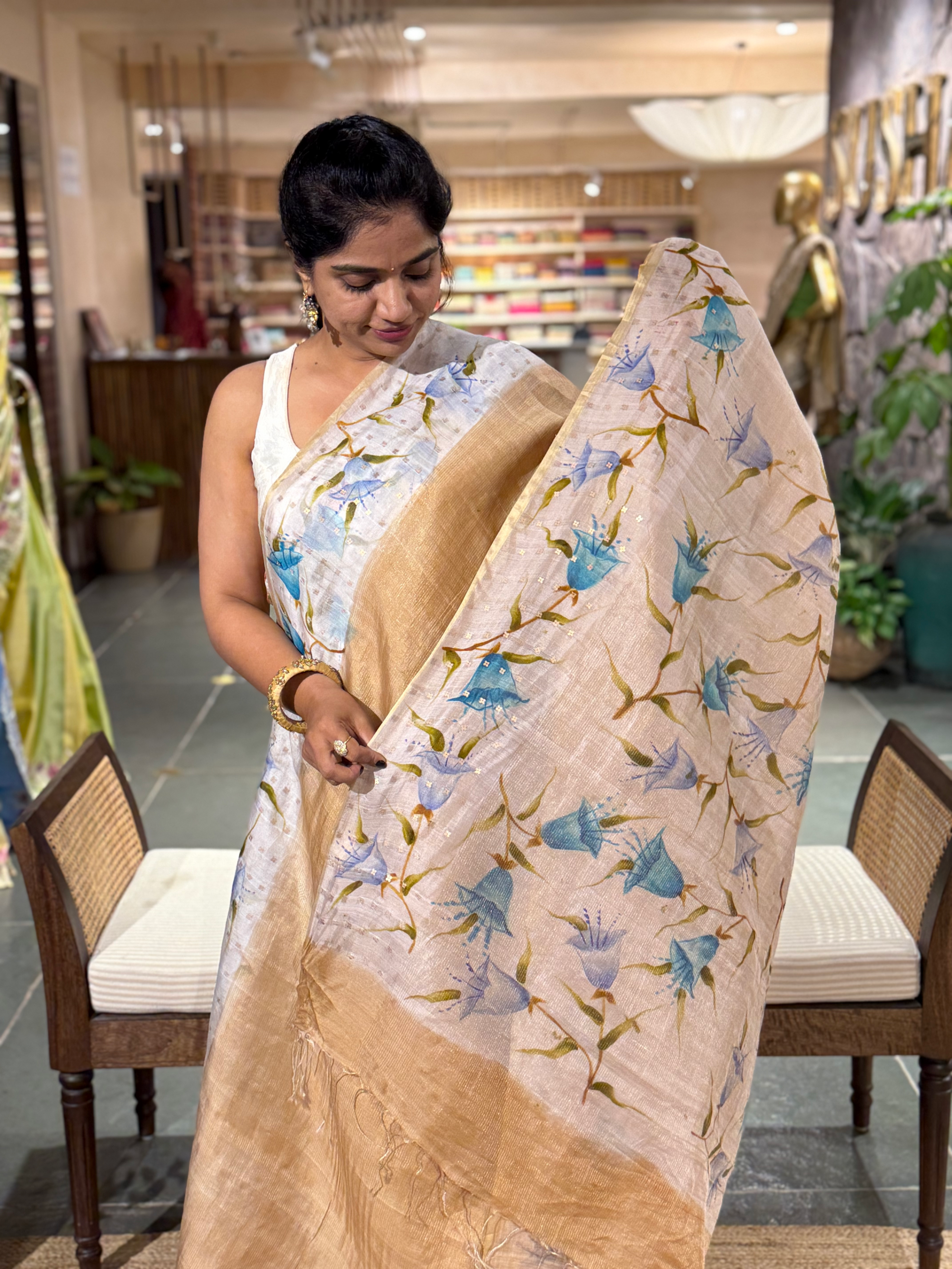 Tussar Kota Tissue Saree with Handpainted Muslin Border and Pallu