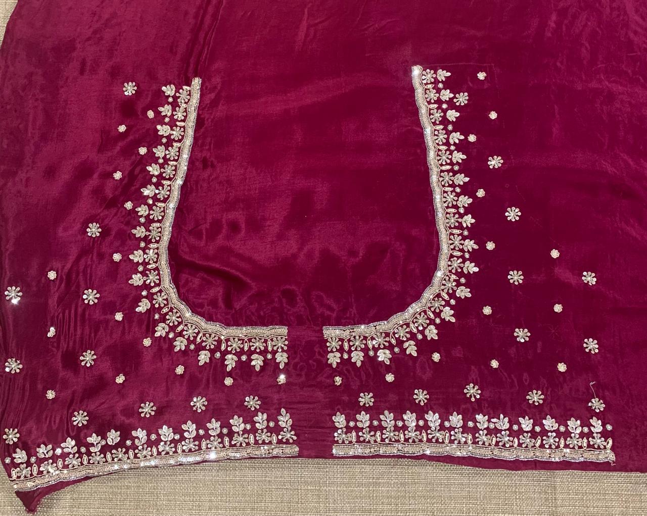Wine Satin Gorgette Saree with Handwork border and blouse and allover zari butis