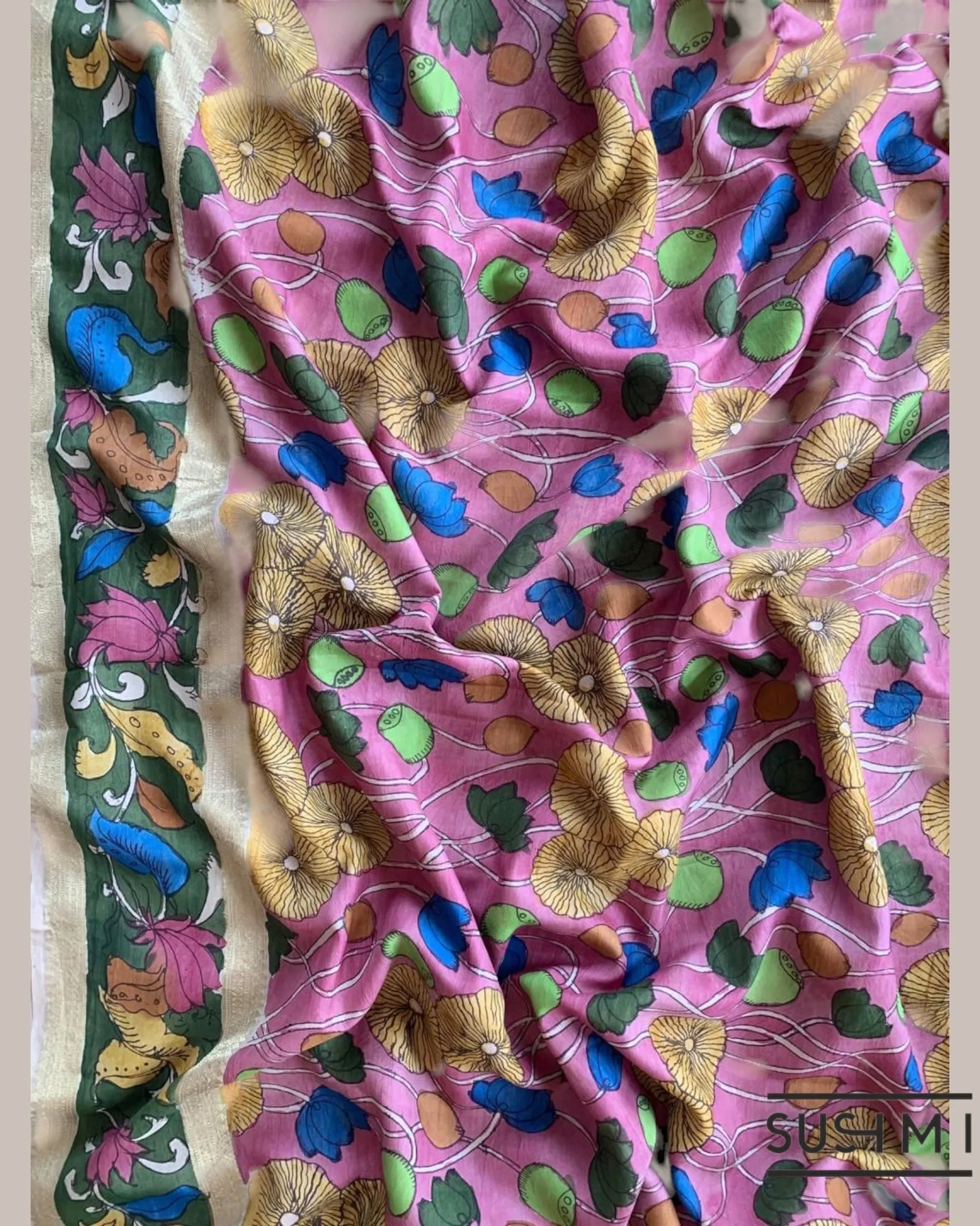 Pink Kanchi Pen kalamkari handpainted saree with heavy border