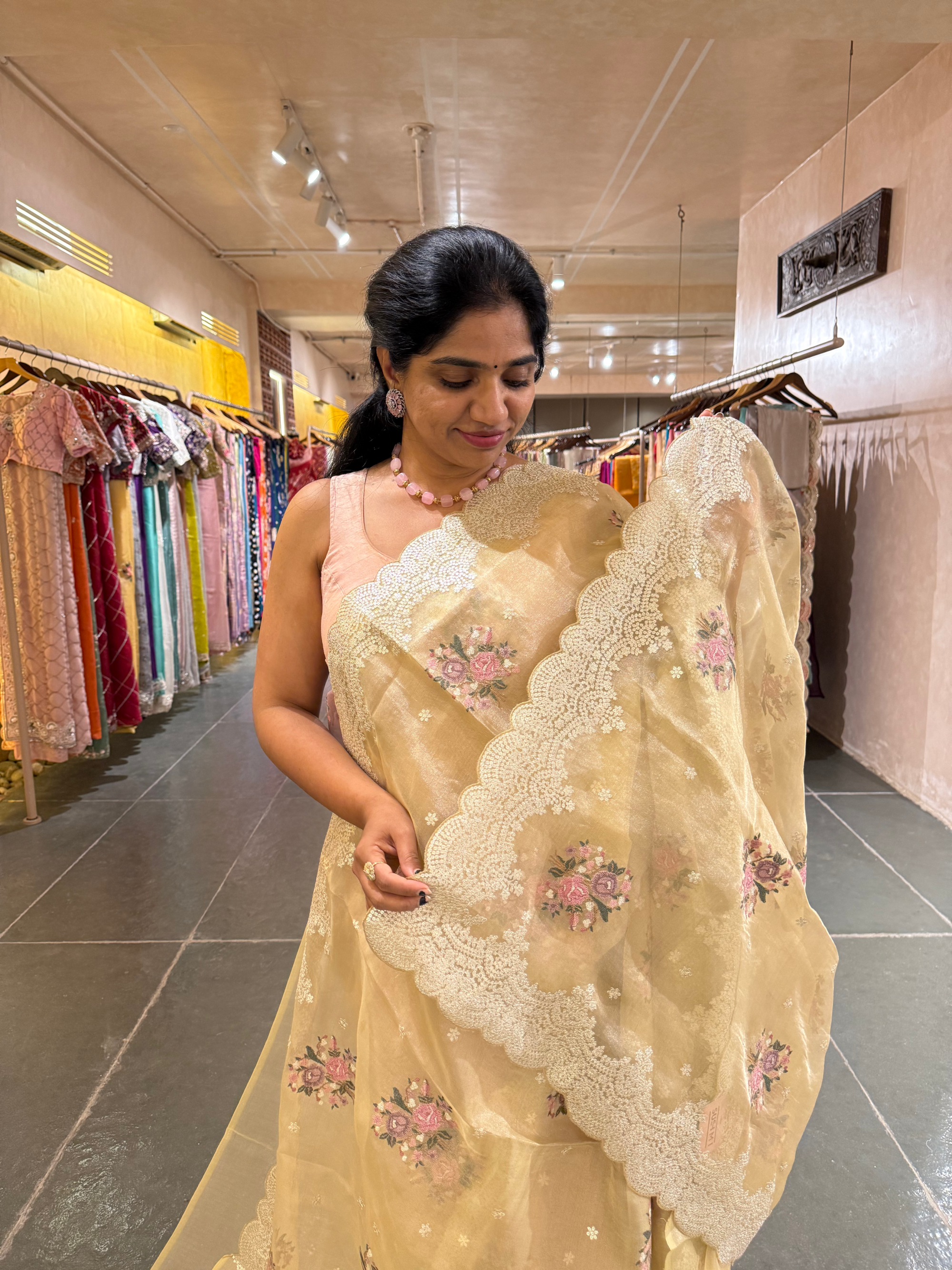 Yellow Tissue Saree With allover Petite Point Motifs & Pittai Sequnce Borders