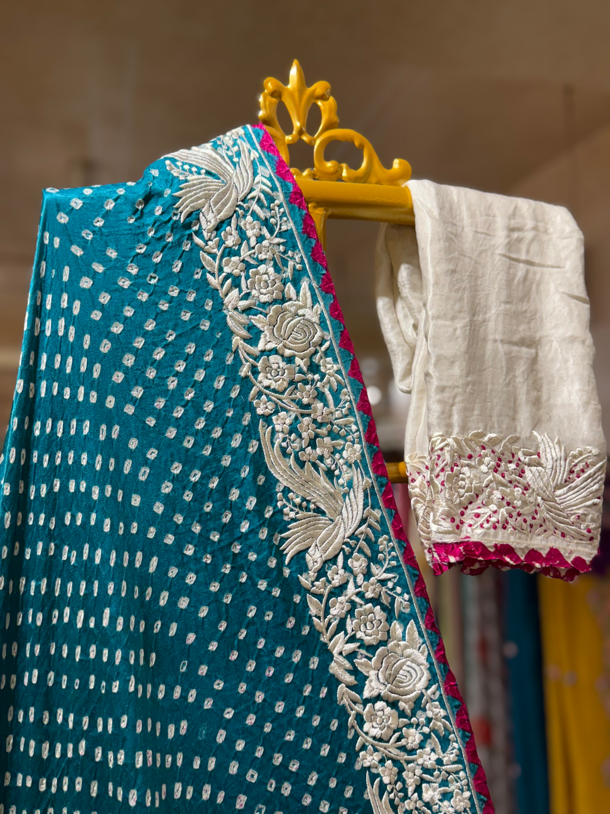 Peacock Blue Pure Gajji Silk Kutch Bandhej Saree with Parsi Gara Embroidery