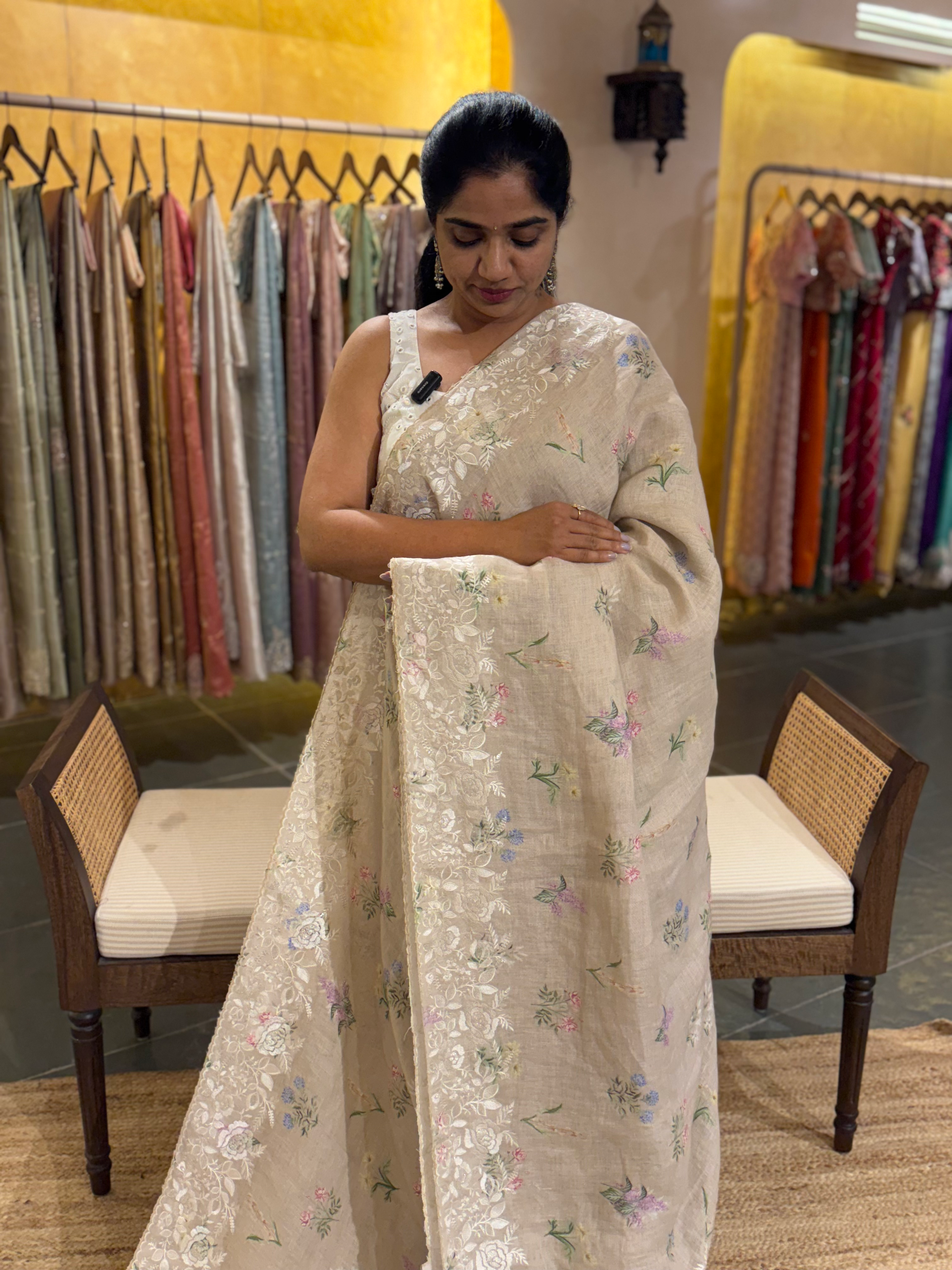 English Tone Pure Handloom Lenin Print Saree With  Parsi Gara Style Embroidery