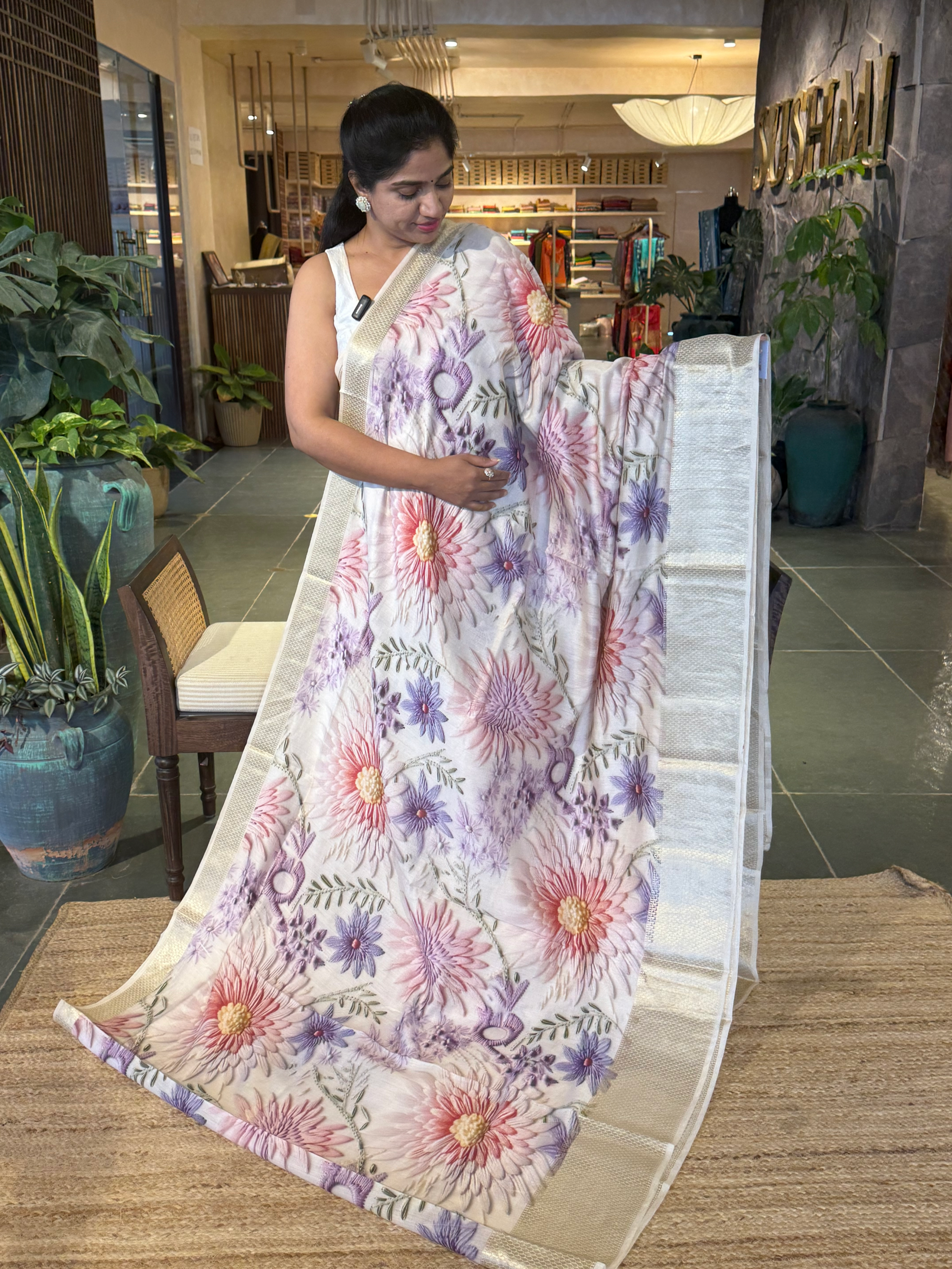 Banarasi Chiniya Silk Sarees with beautiful embroidery style 3D floral Print