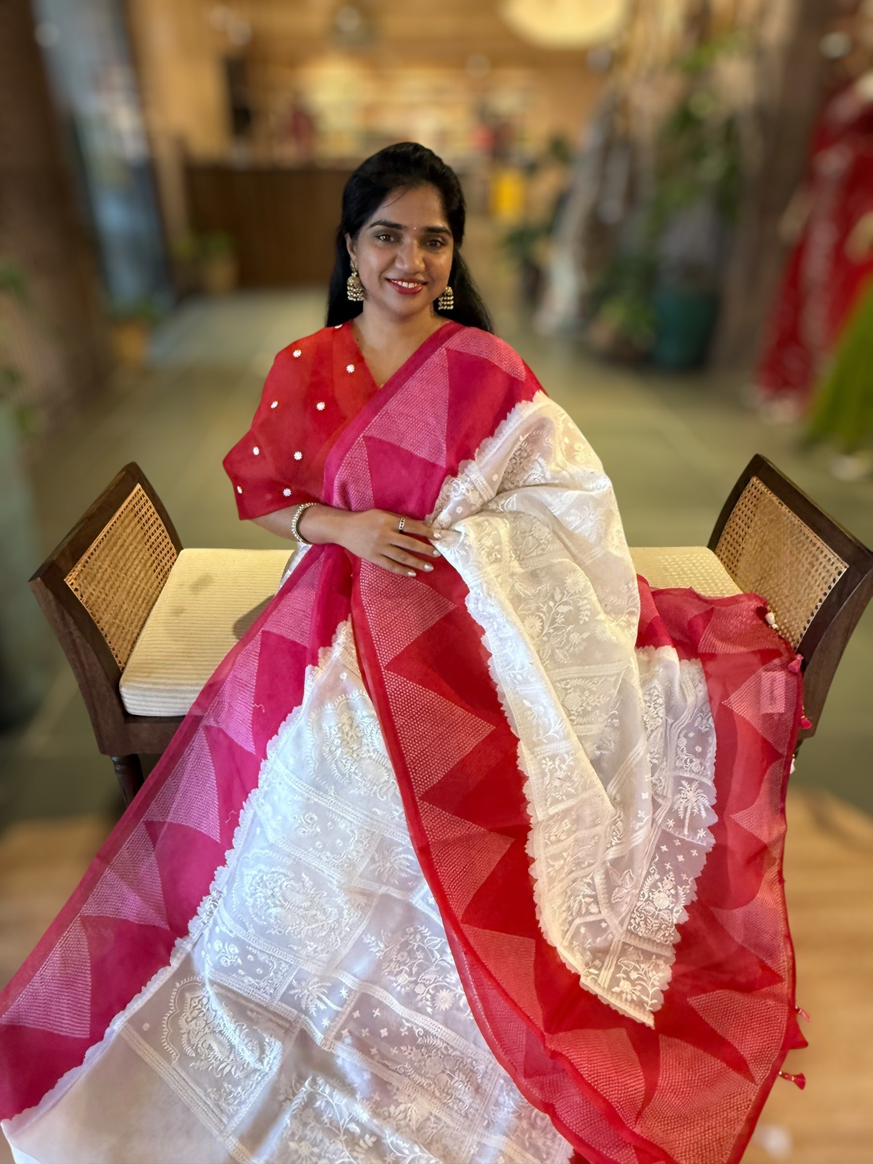 Organza Chikankari Embroidery Saree With Ganga Jamuna Bandhini Temple Borders