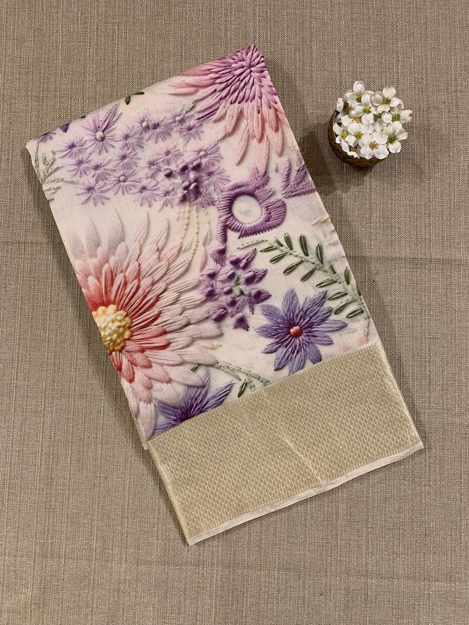 Banarasi Chiniya Silk Sarees with beautiful embroidery style 3D floral Print