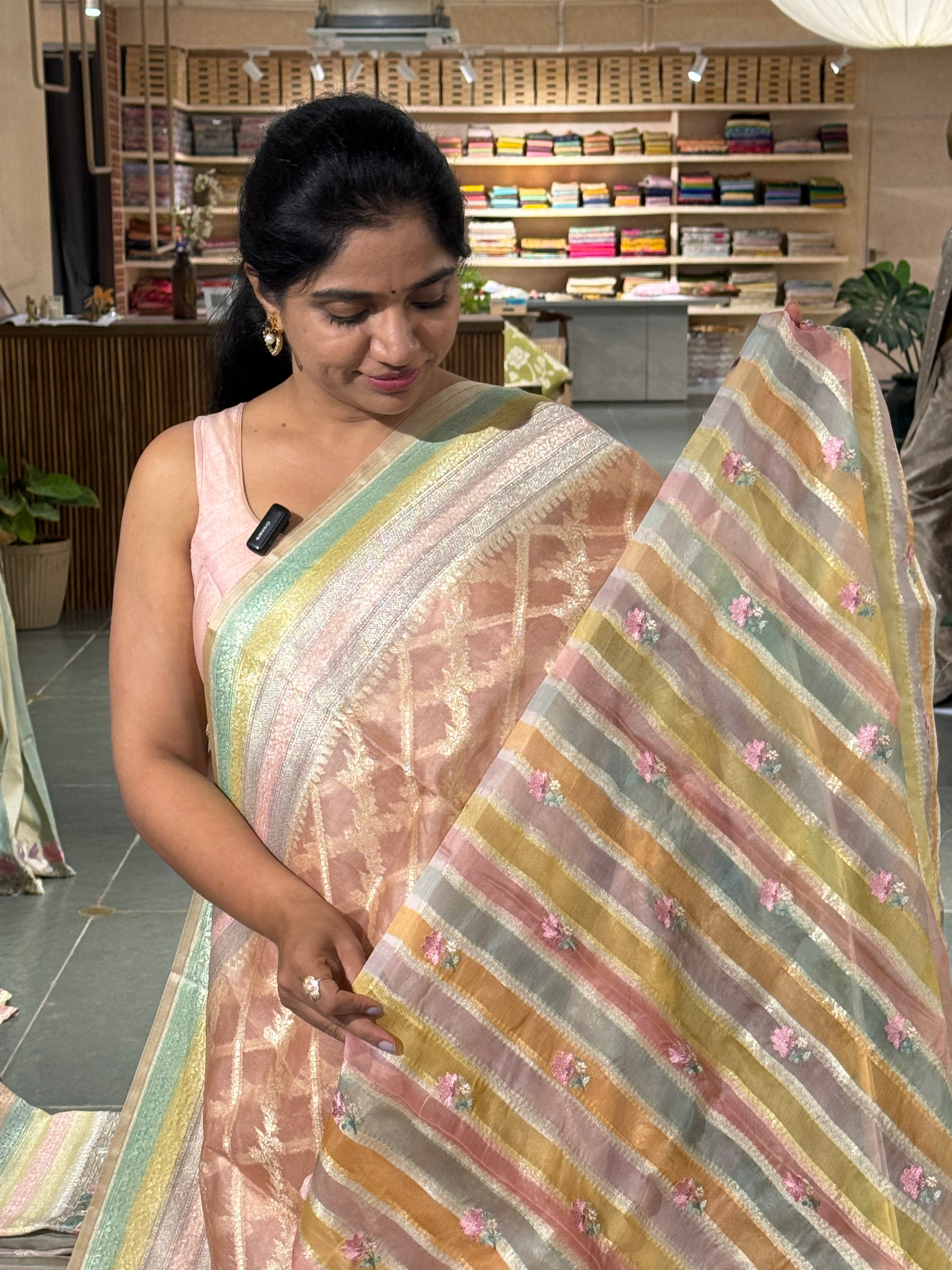 Pure Handloom Kora Banarasi with rangkaat and embroidered borders and blouse.