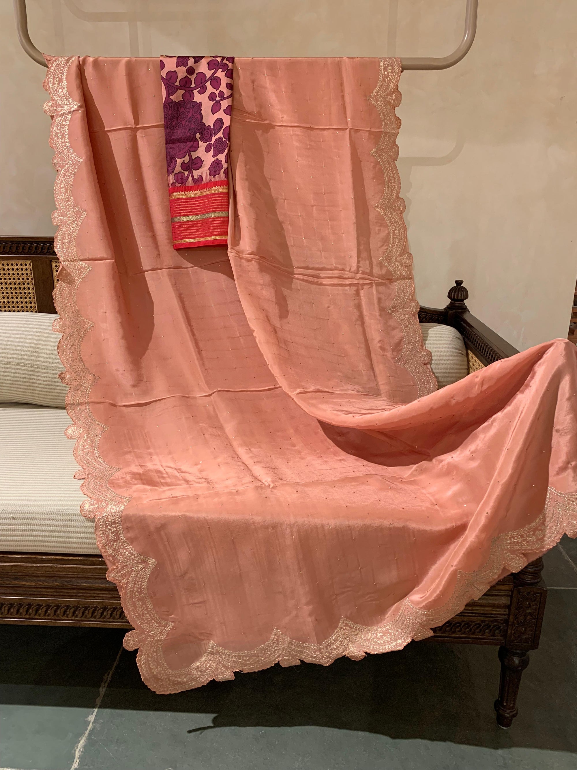 Peach Pink Crepe Silk Saree With Pita Work Scallop Border
