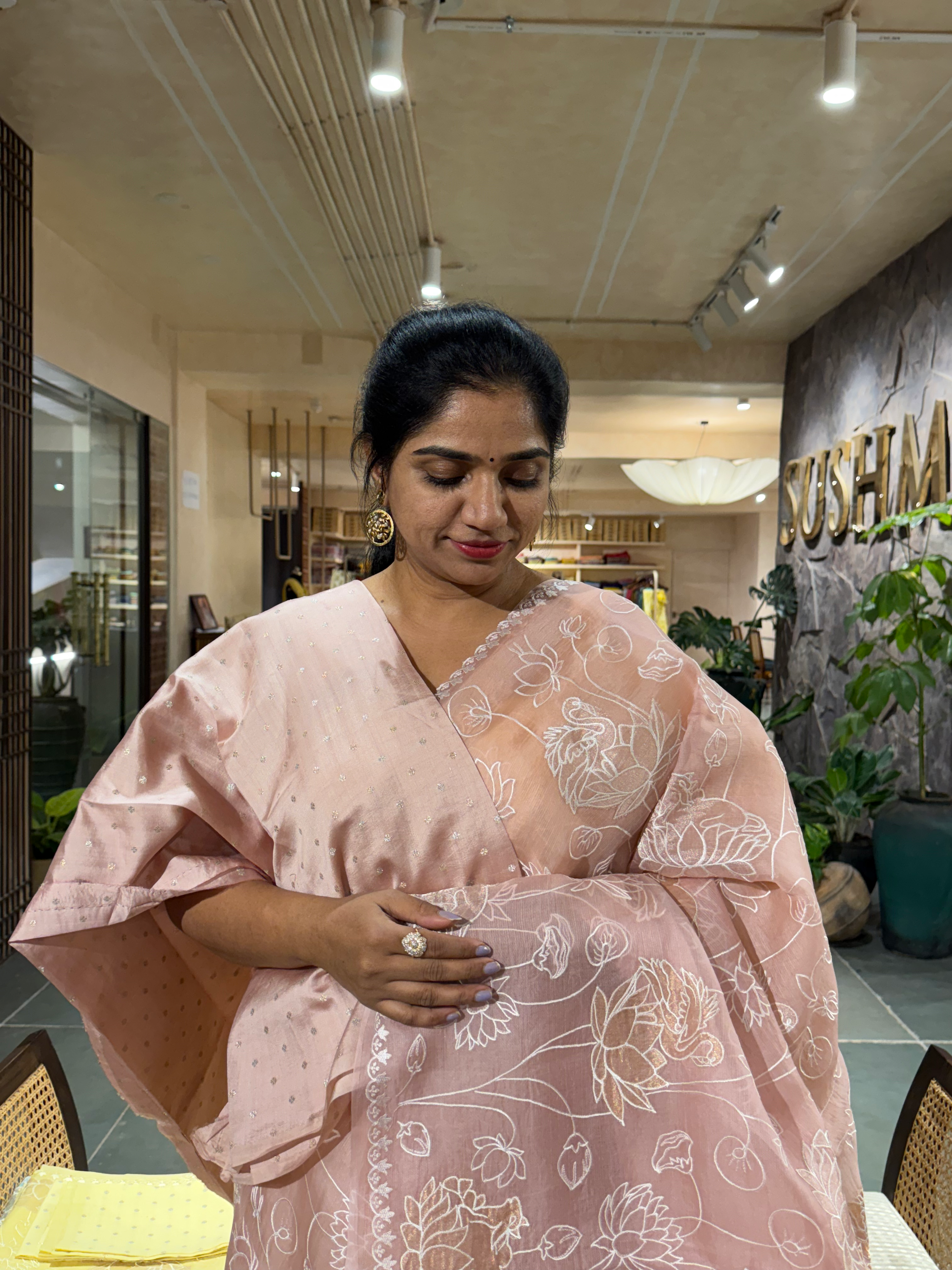SOAA1606 : Nude Pink Organza Saree with Allover Pichwai Applique Embroidery