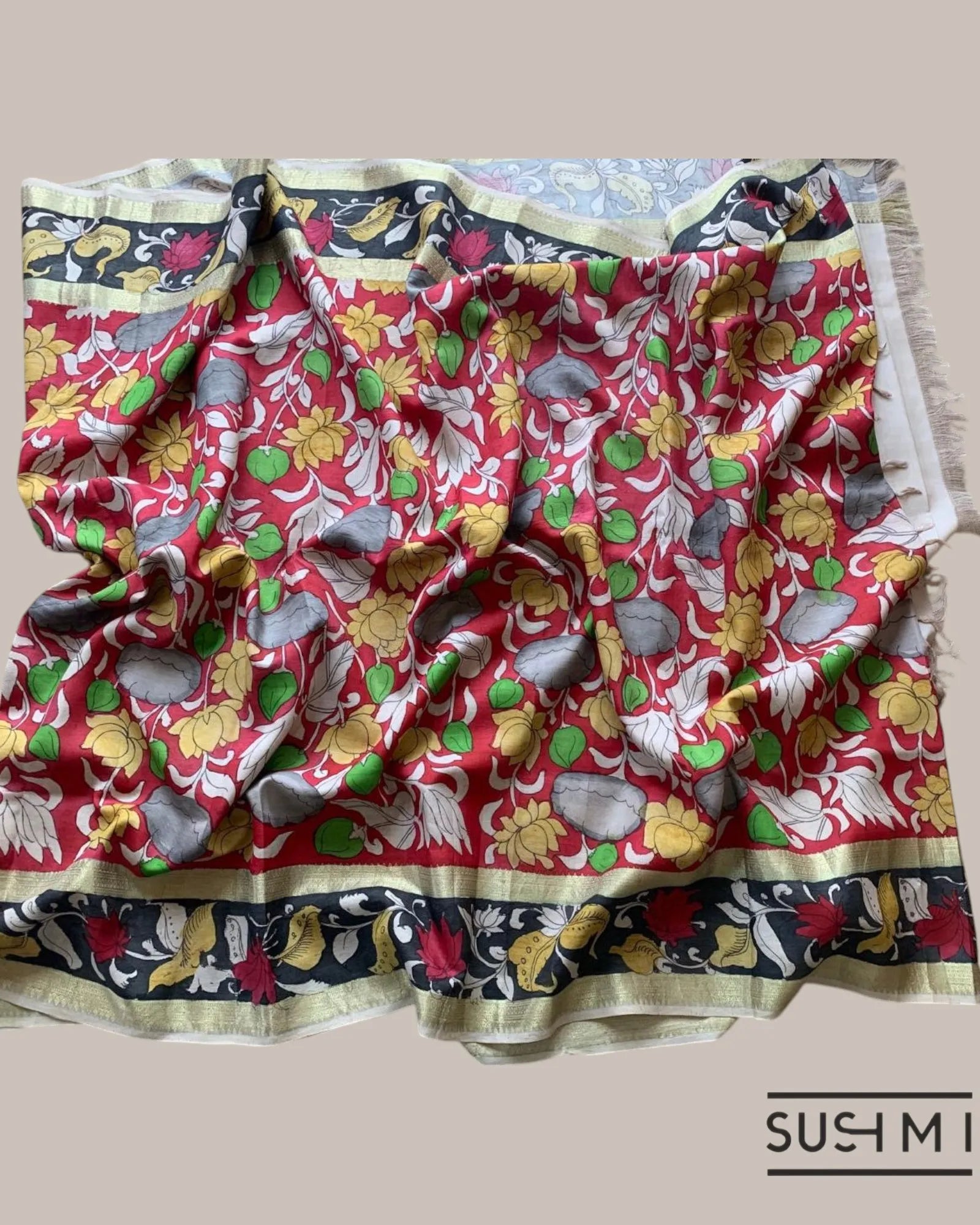 Red Kanchi Pen kalamkari handpainted saree with heavy borders