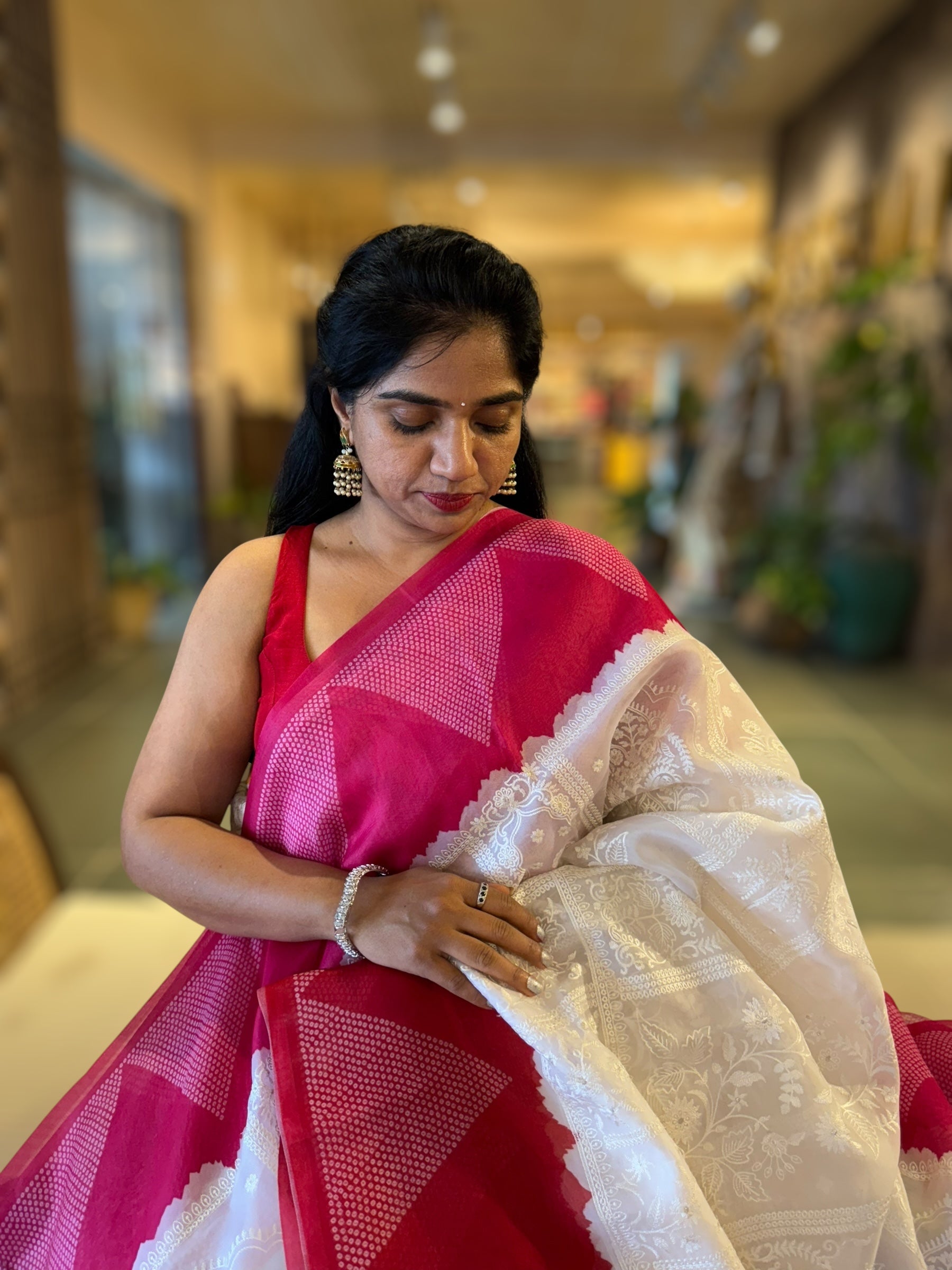 Organza Chikankari Embroidery Saree With Ganga Jamuna Bandhini Temple Borders