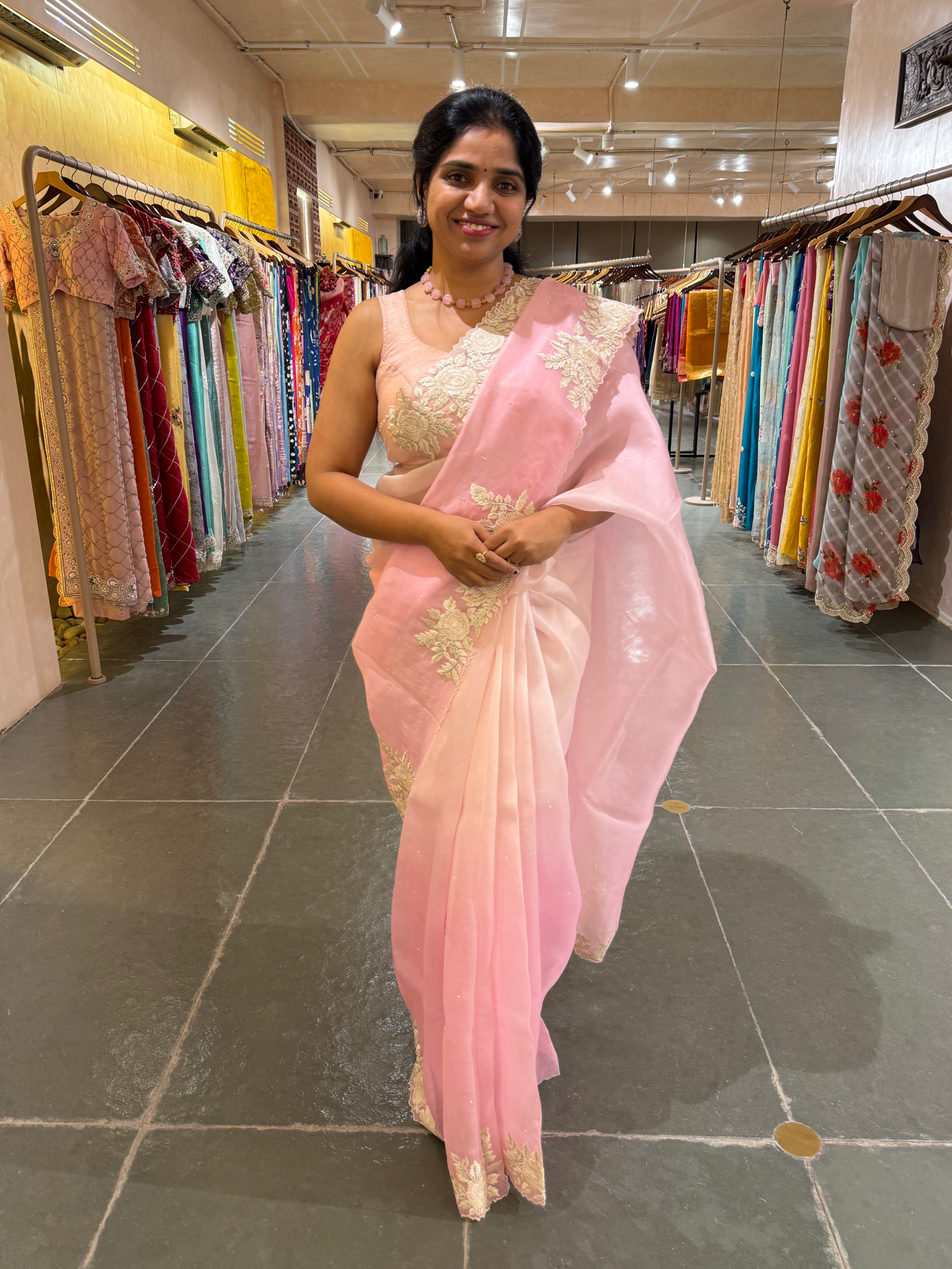 Ombre Dyed Pure Organza Silk Saree with Embroidered Borders