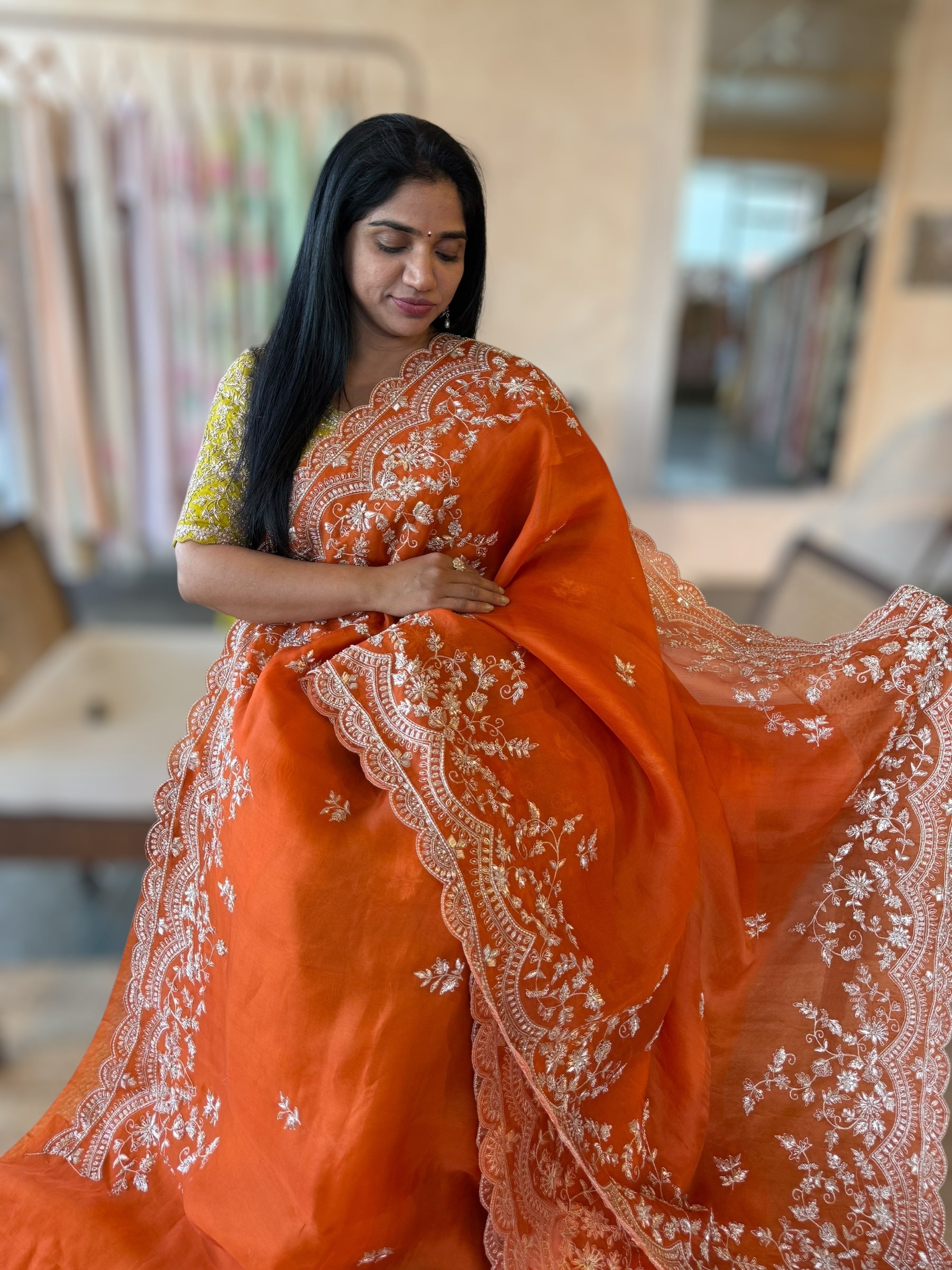 Orange Organza Handwork Saree