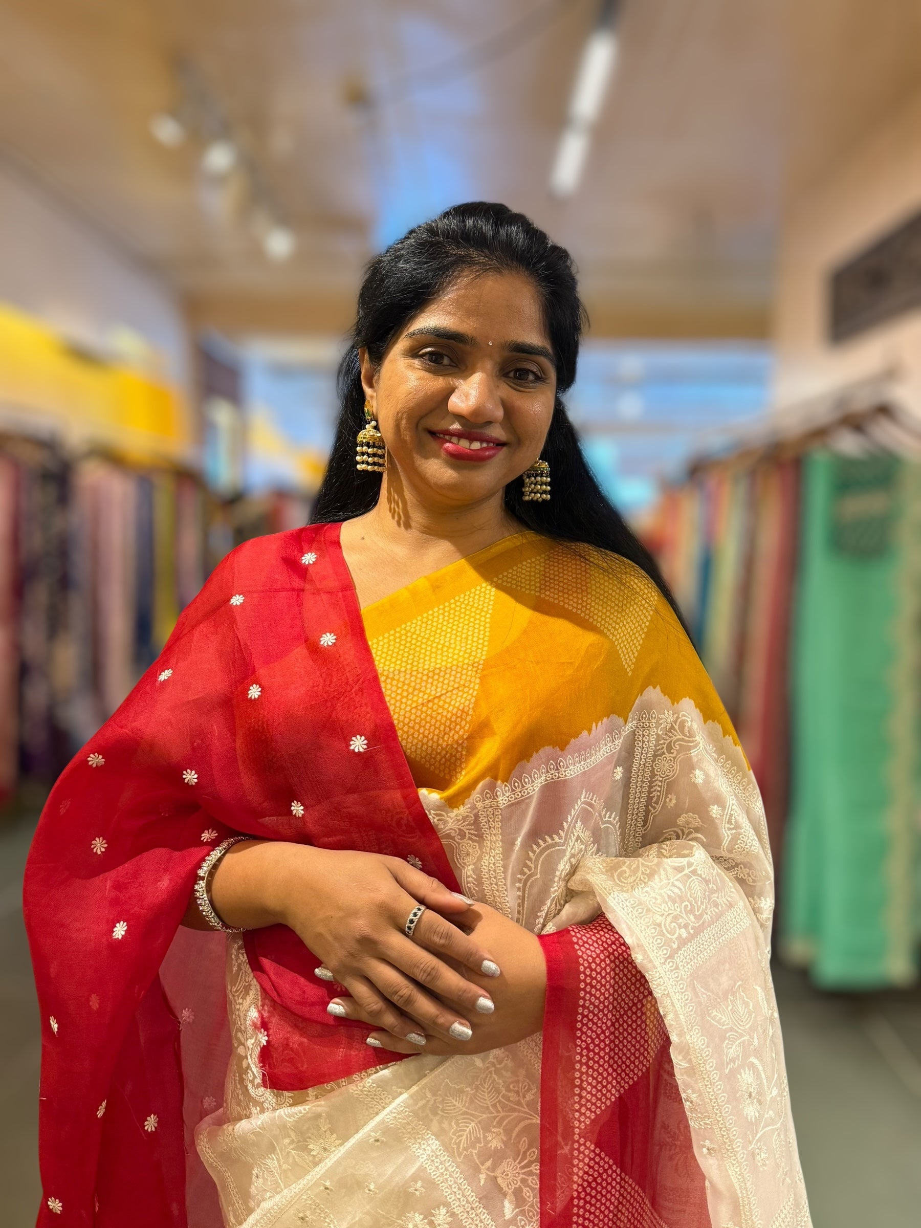 Organza Chikankari Embroidery Saree With Ganga Jamuna Bandhini Temple Borders