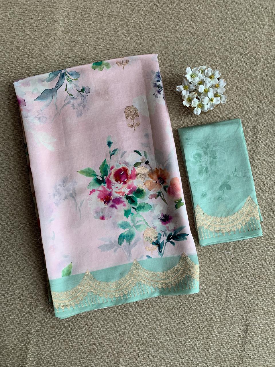 Banarasi Soft Silk Printed Saree With Scalloped Woven Zari Border