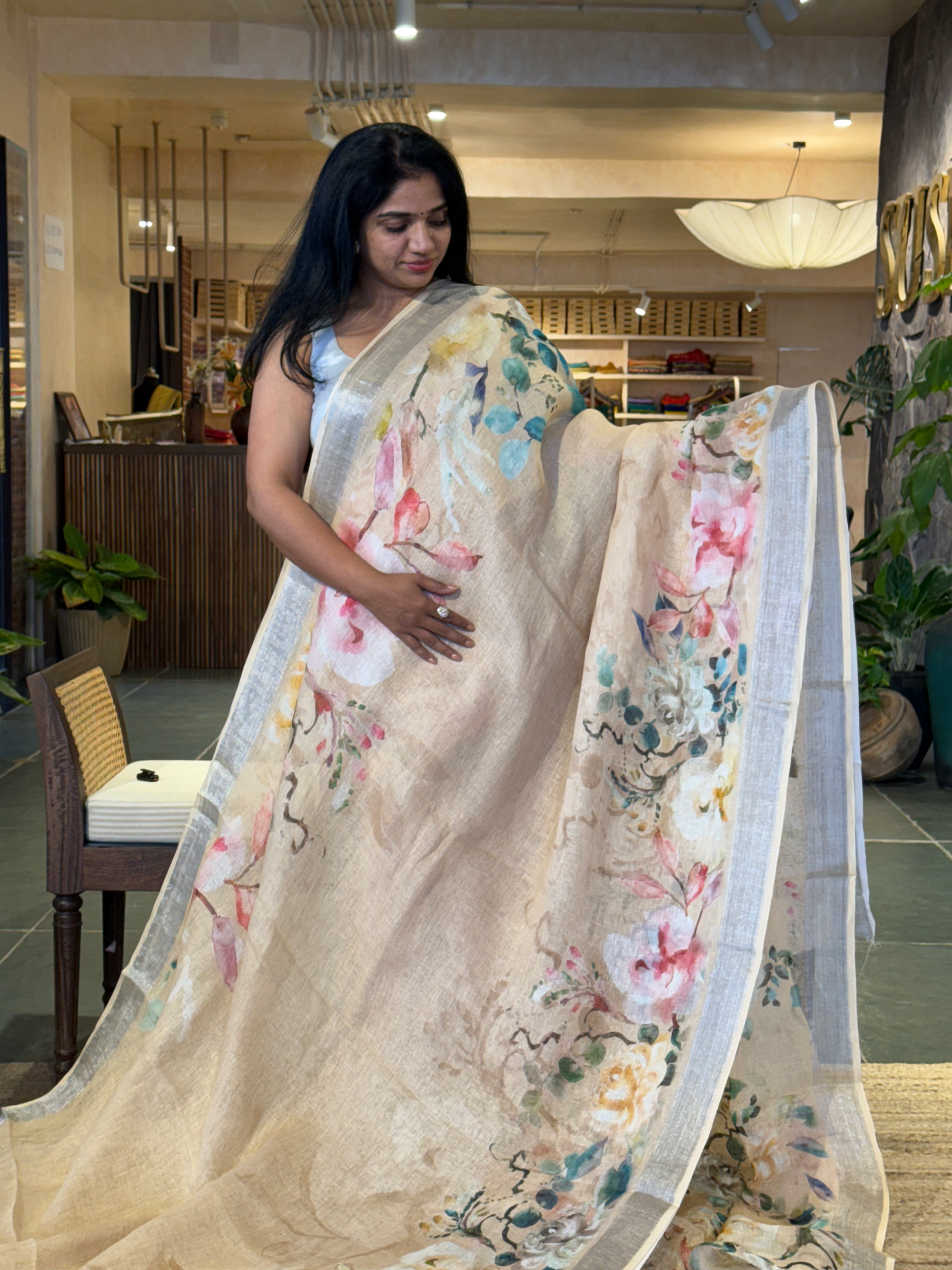 Light Peach Pure Handloom Lenin Printed Sarees With Silver Zari Border