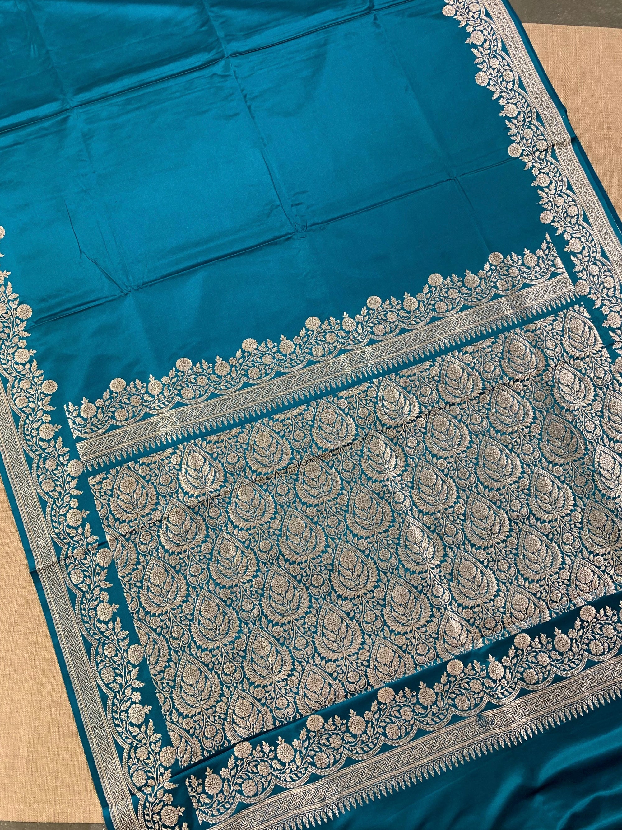 SMSSA228  Peacock Blue Mashru Silk Saree With Scallop Border