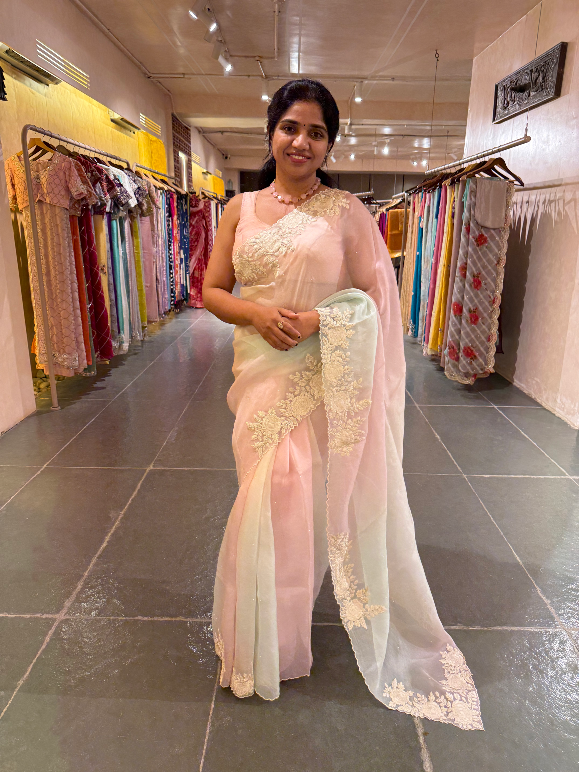 Ombre Dyed Pure Organza Silk Saree with Embroidered Borders