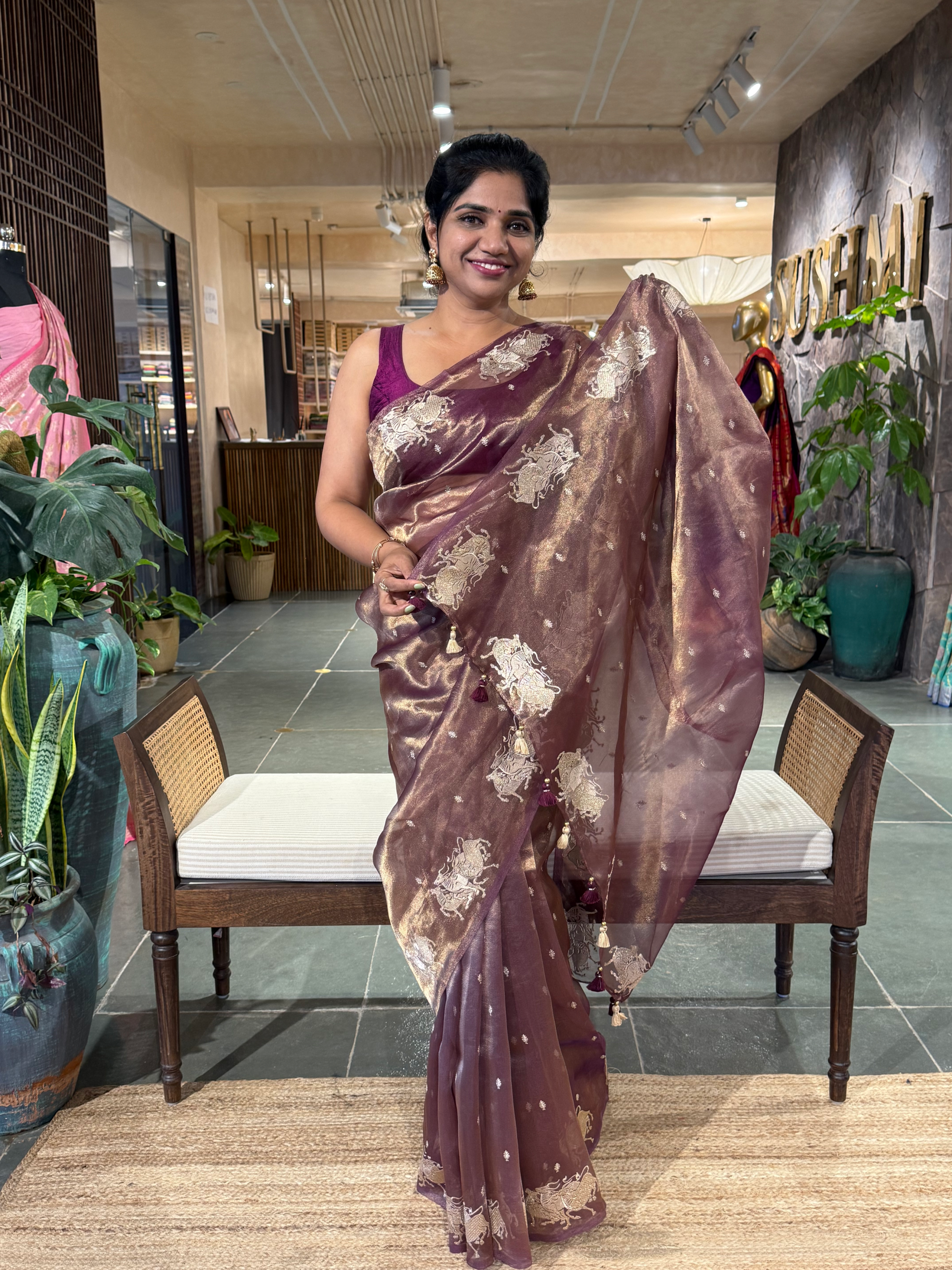 Purple Tissue  Saree with  Nandi Embroidery & Stripes Tissue  Blouse