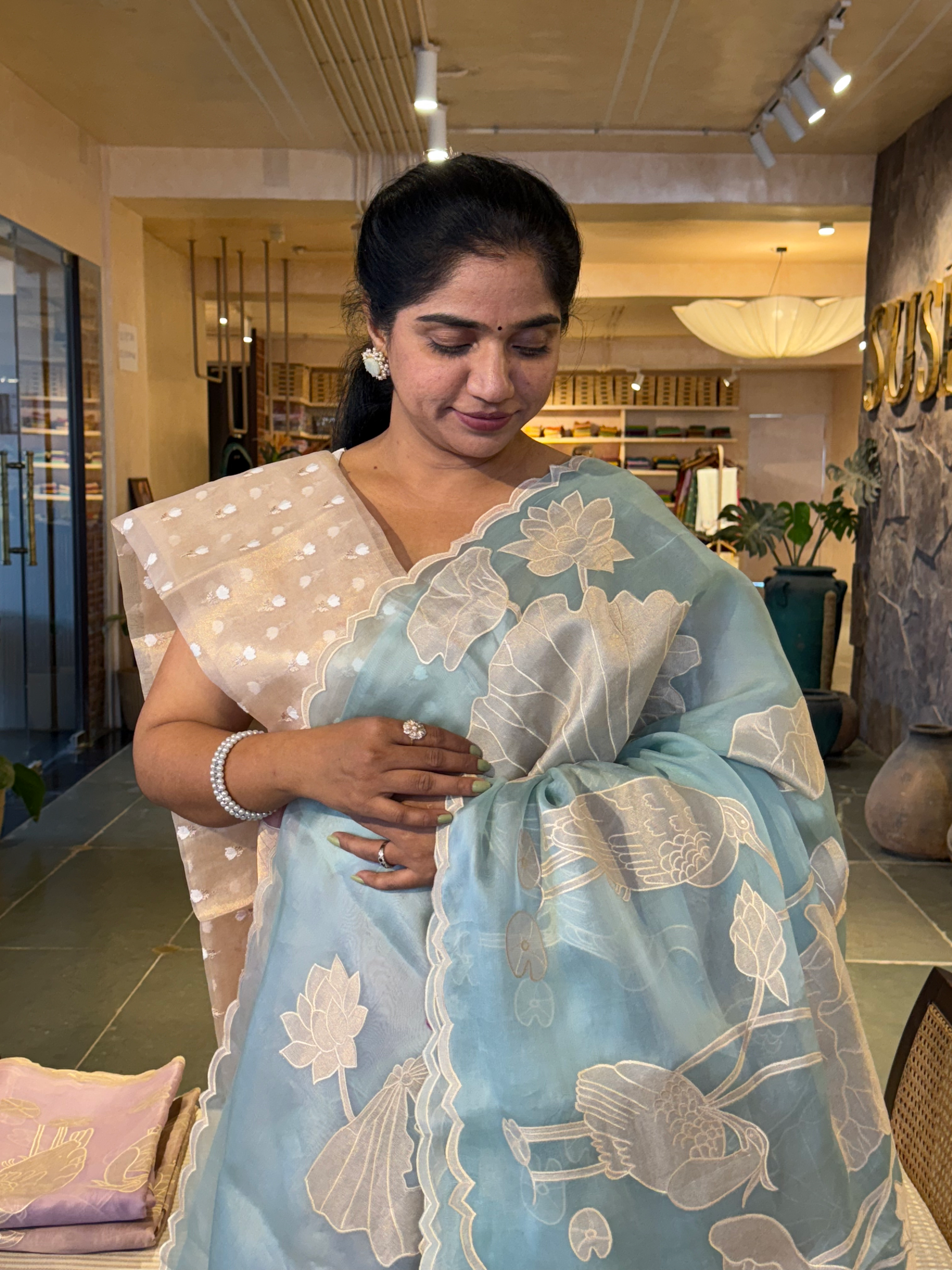 Sky Blue Pure Organza Designer Saree with Allover Tissue Applique Embroidery