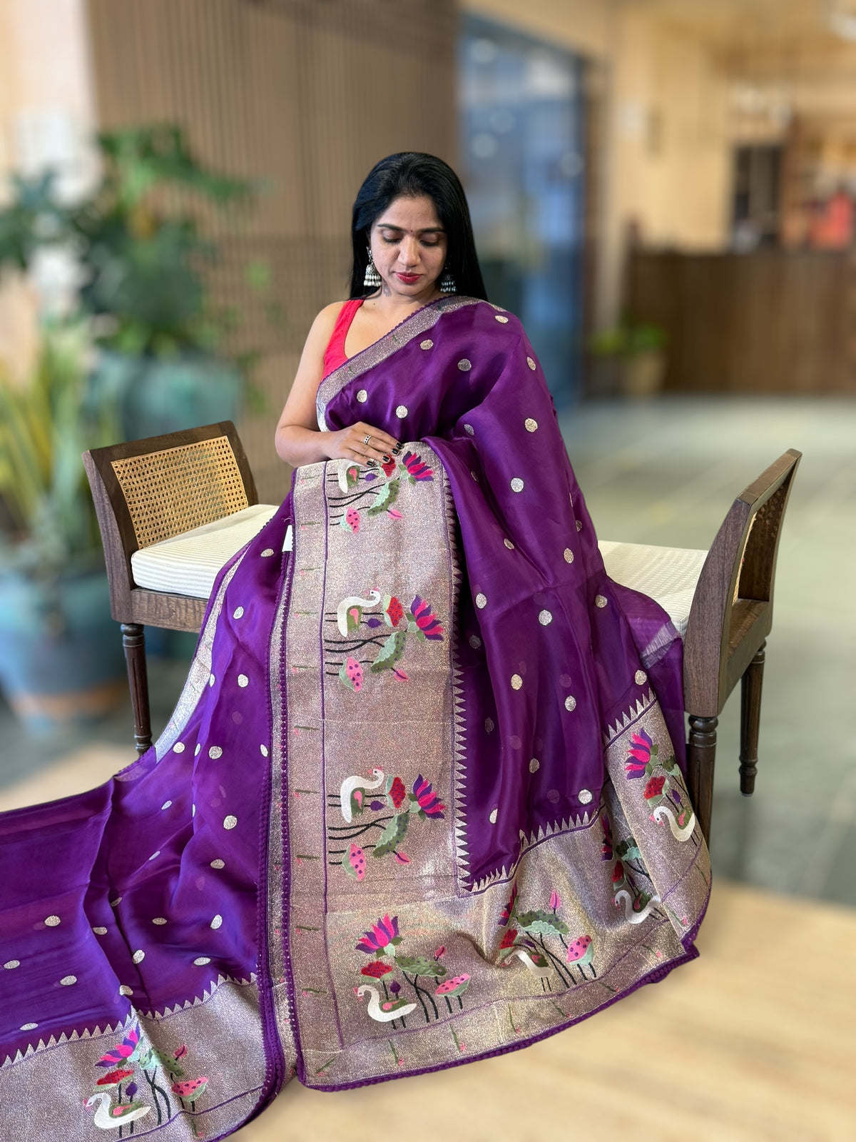 Purple Pure Organza Saree With Pythani Embroidered Border