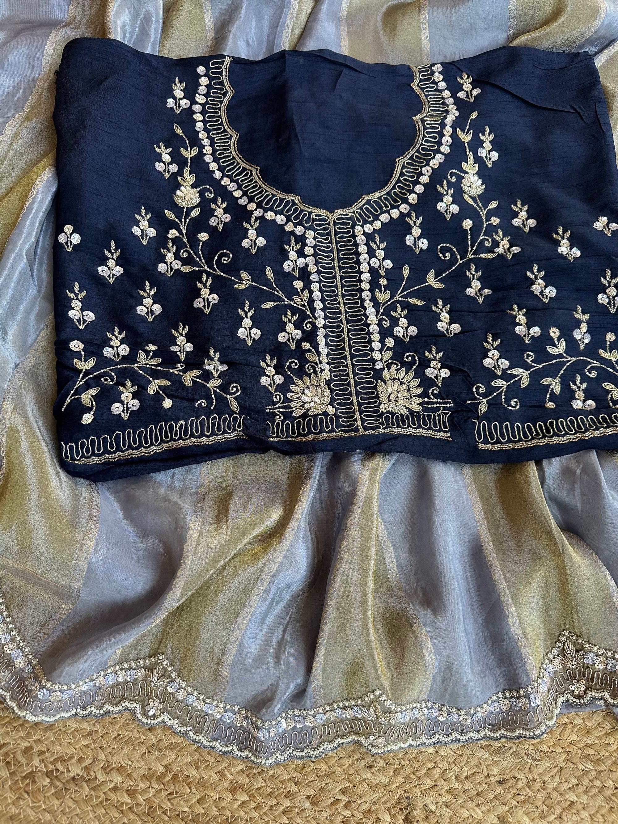 Slate Blue Tissue and kora brasso Saree with Scalloped handwork borders & blouse