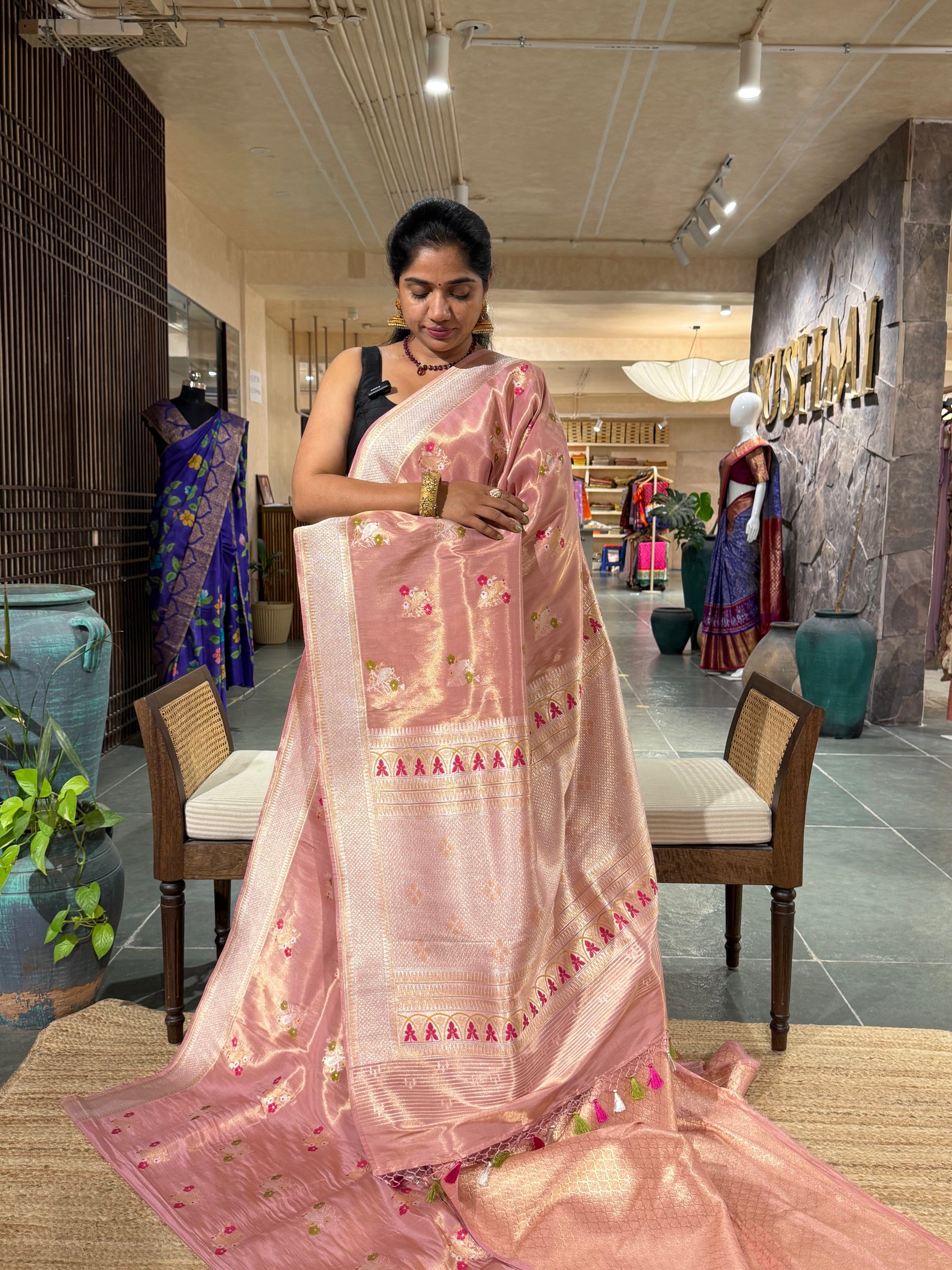 Pastel Pink Pure Handloom Banarasi Ektara Tissue saree