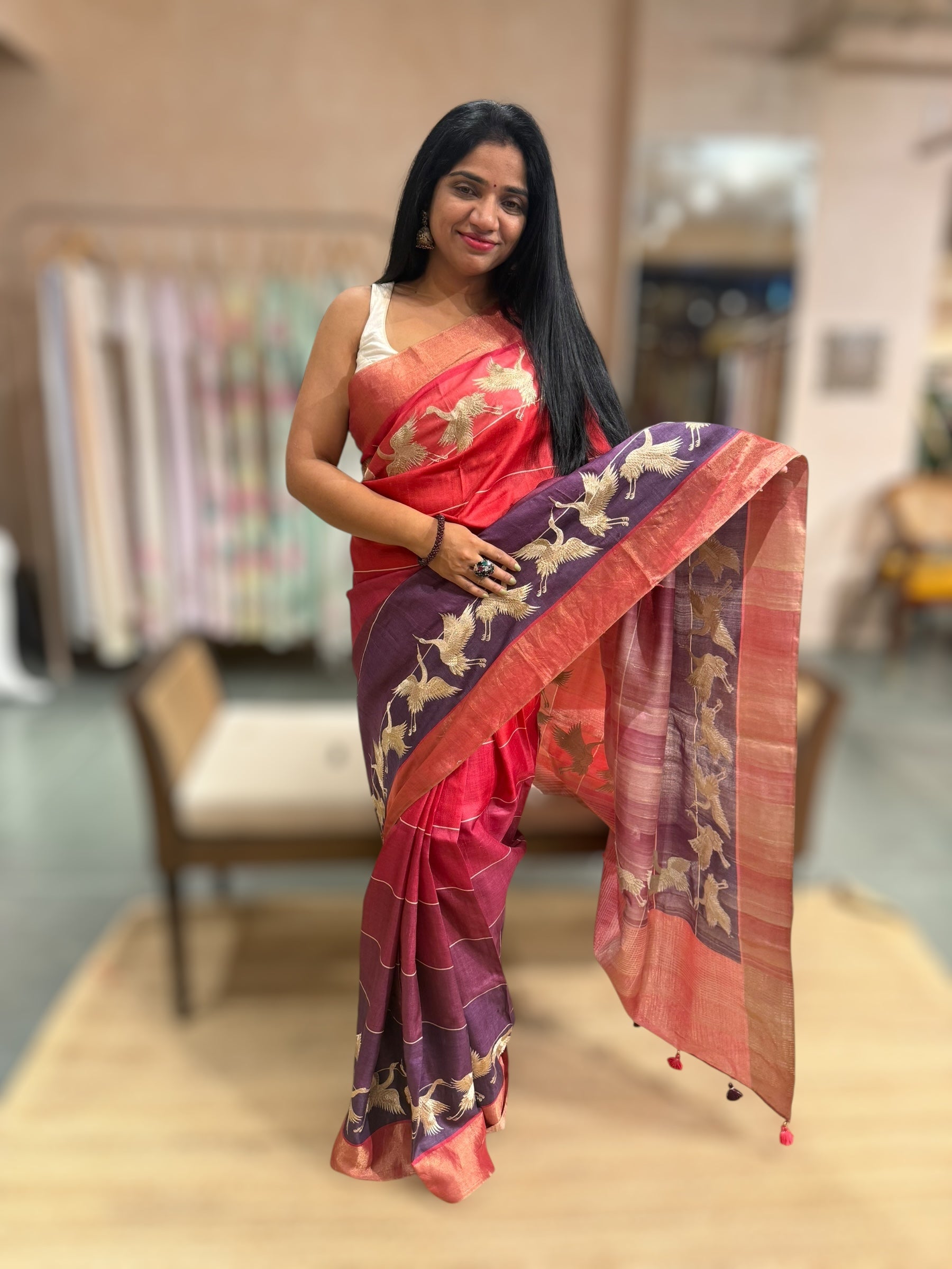 Tussar Rangkaat Saree With Crane Bird  Embroidered Border