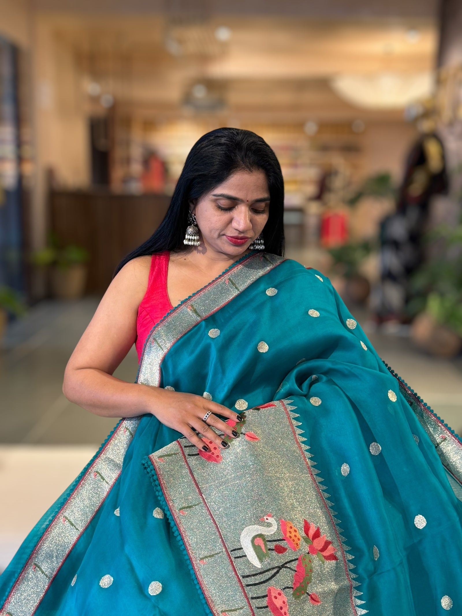 Rama Green Pure Organza Saree With Pythani Embroidered Border