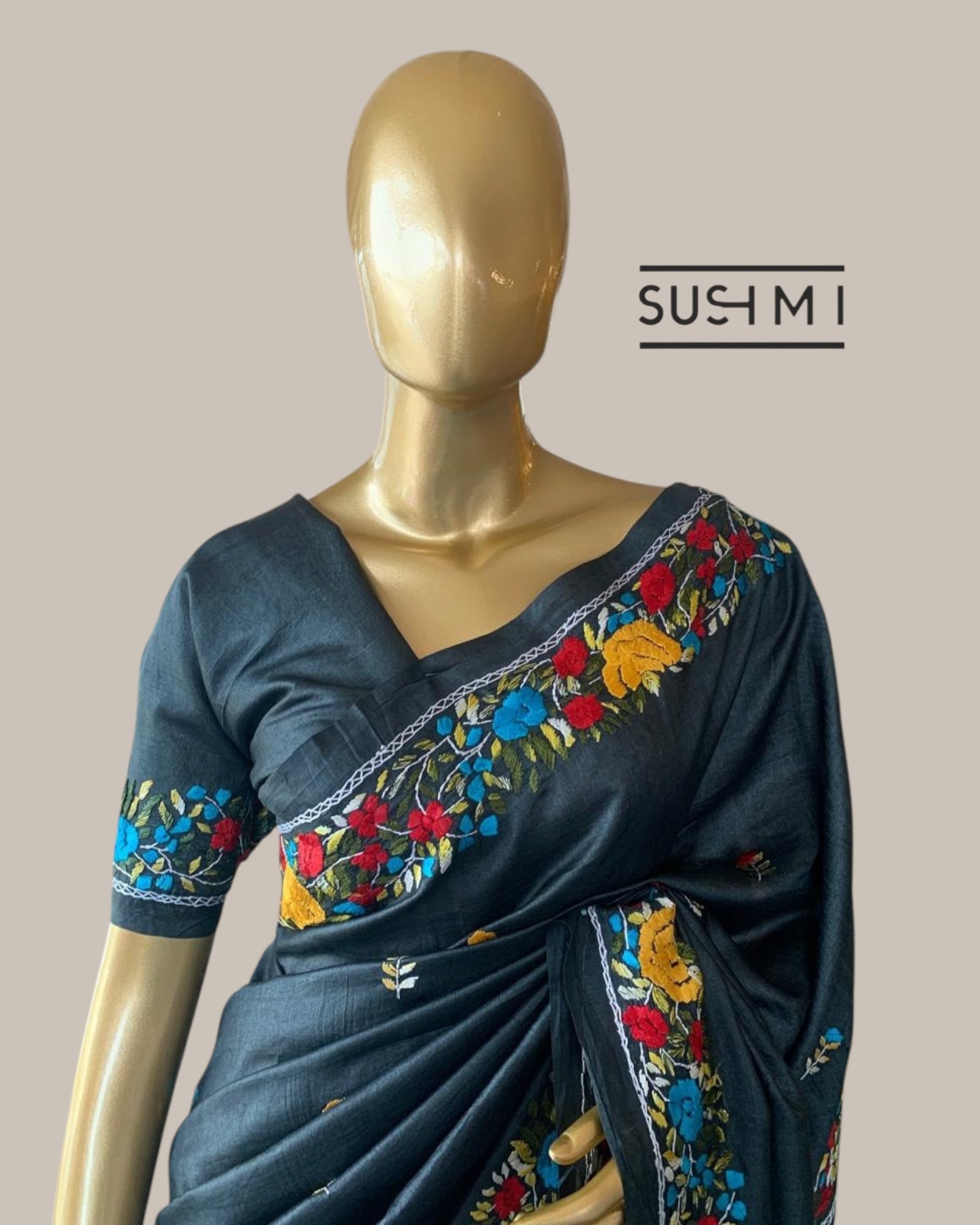 Elephant Grey Pure Tussar Saree with Parsi Gara  handwork