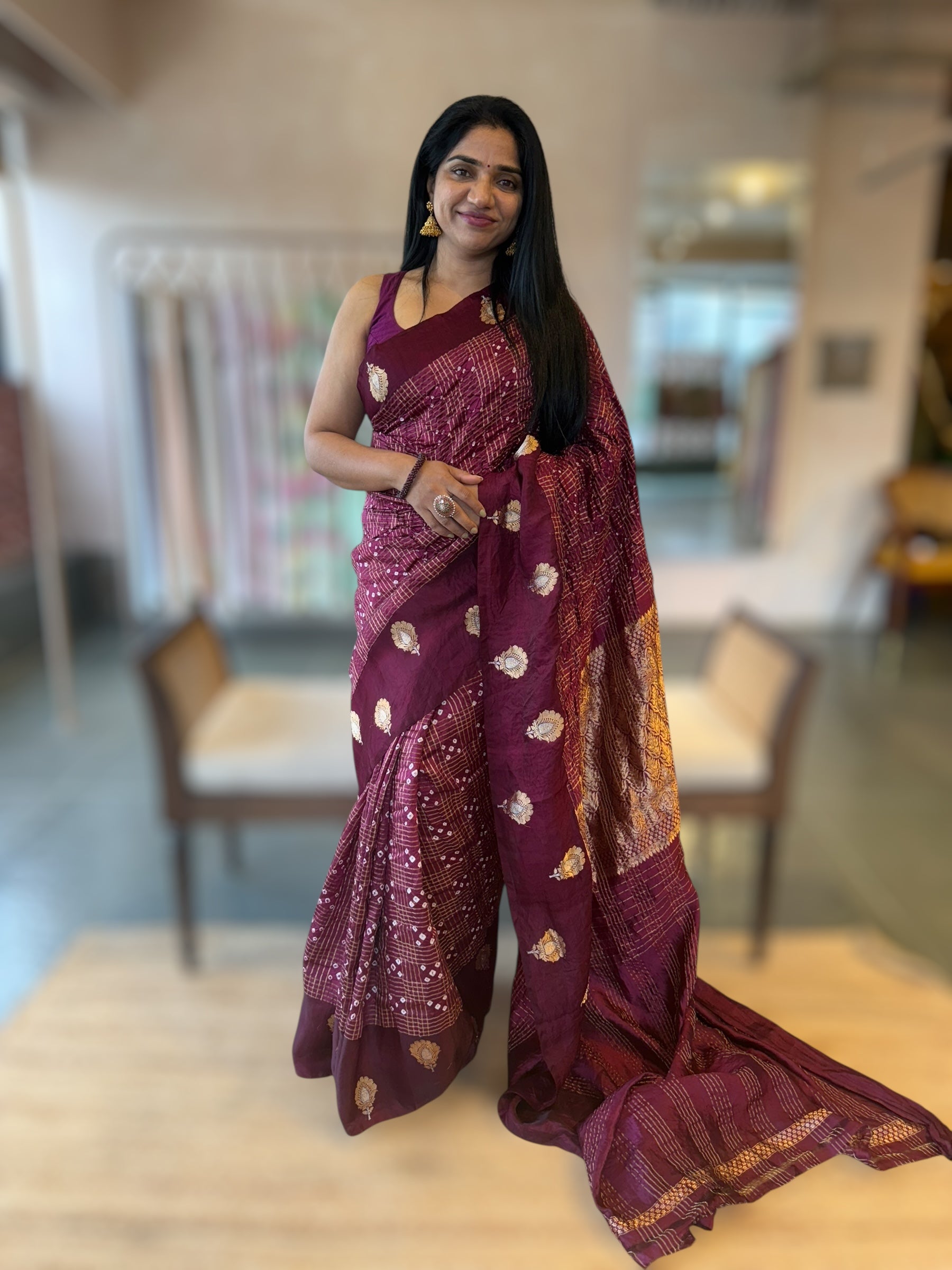 Wine Banarasi Bandhej Silk Saree With Kaduwa Woven Open Mashru Borders
