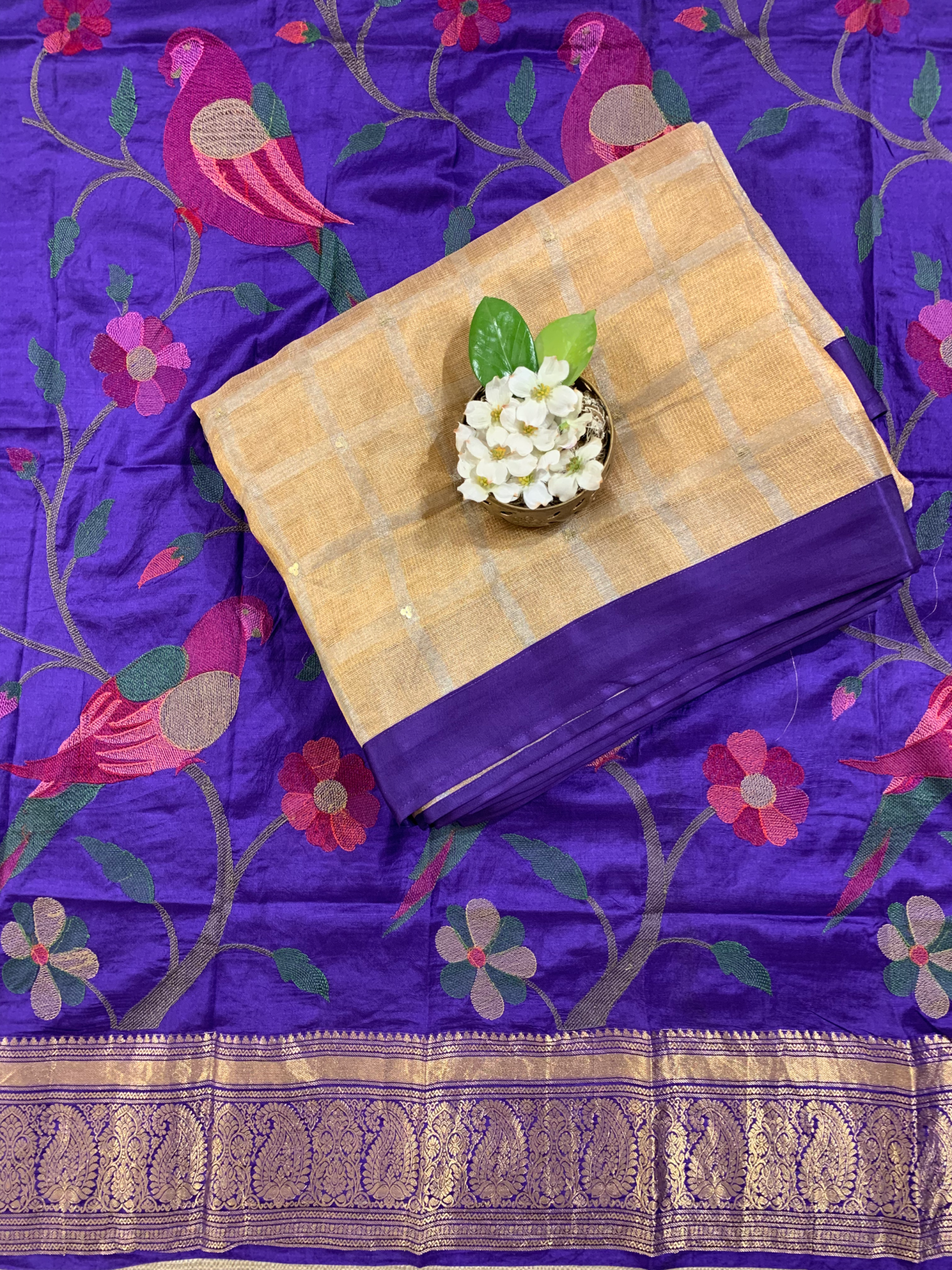 Gold tissue saree with kanchi  blouse with  allover pythani style embroidery